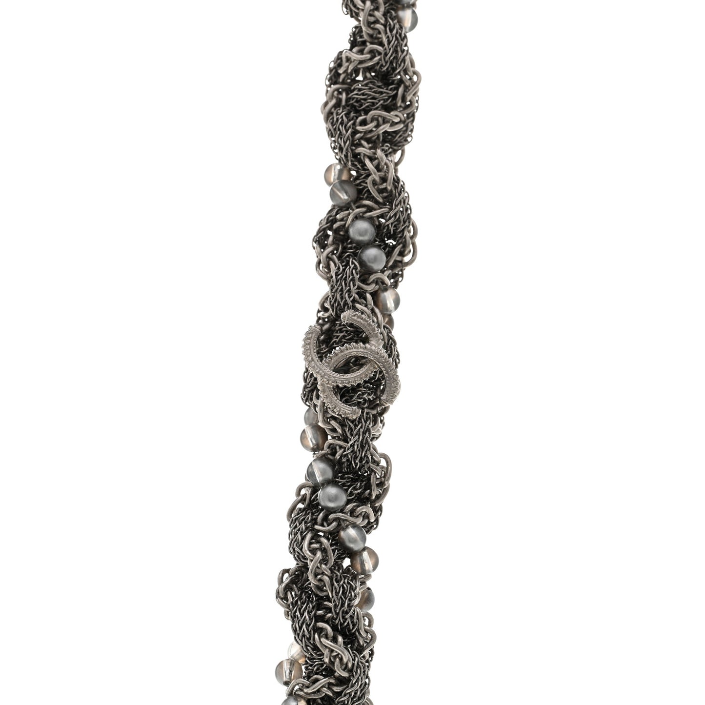 Multi Chain Braided Pearl Long Necklace Silver