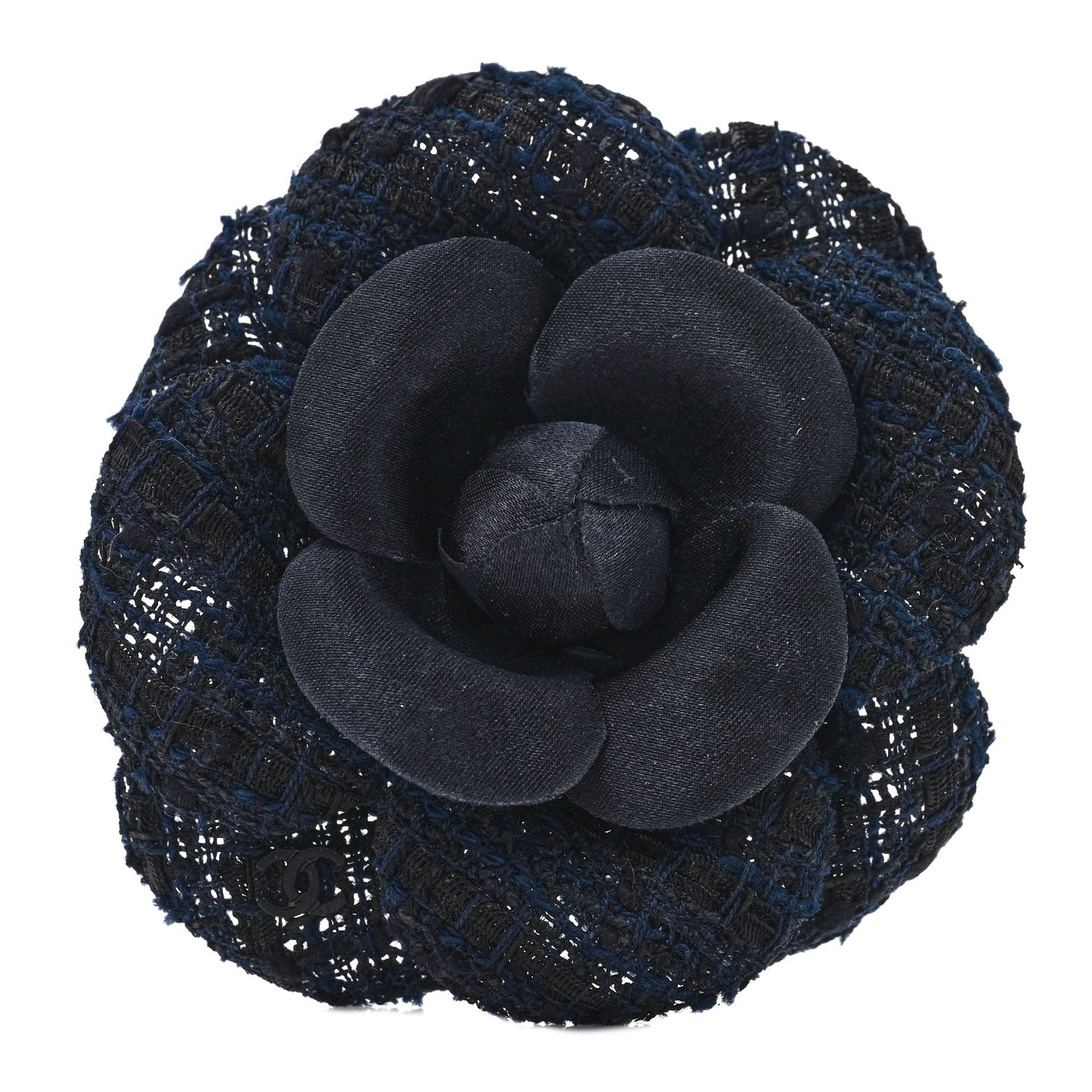 Tweed Fabric Camellia Pin Brooch Navy Black