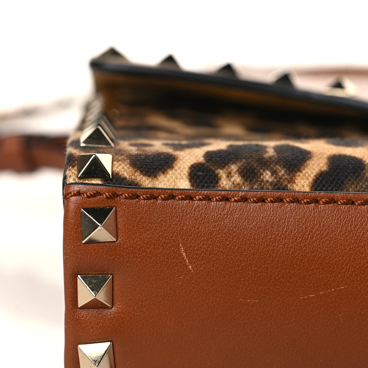 Calfskin Canvas Leopard Print Medium Rockstud Flip Lock Crossbody Bag Tan
