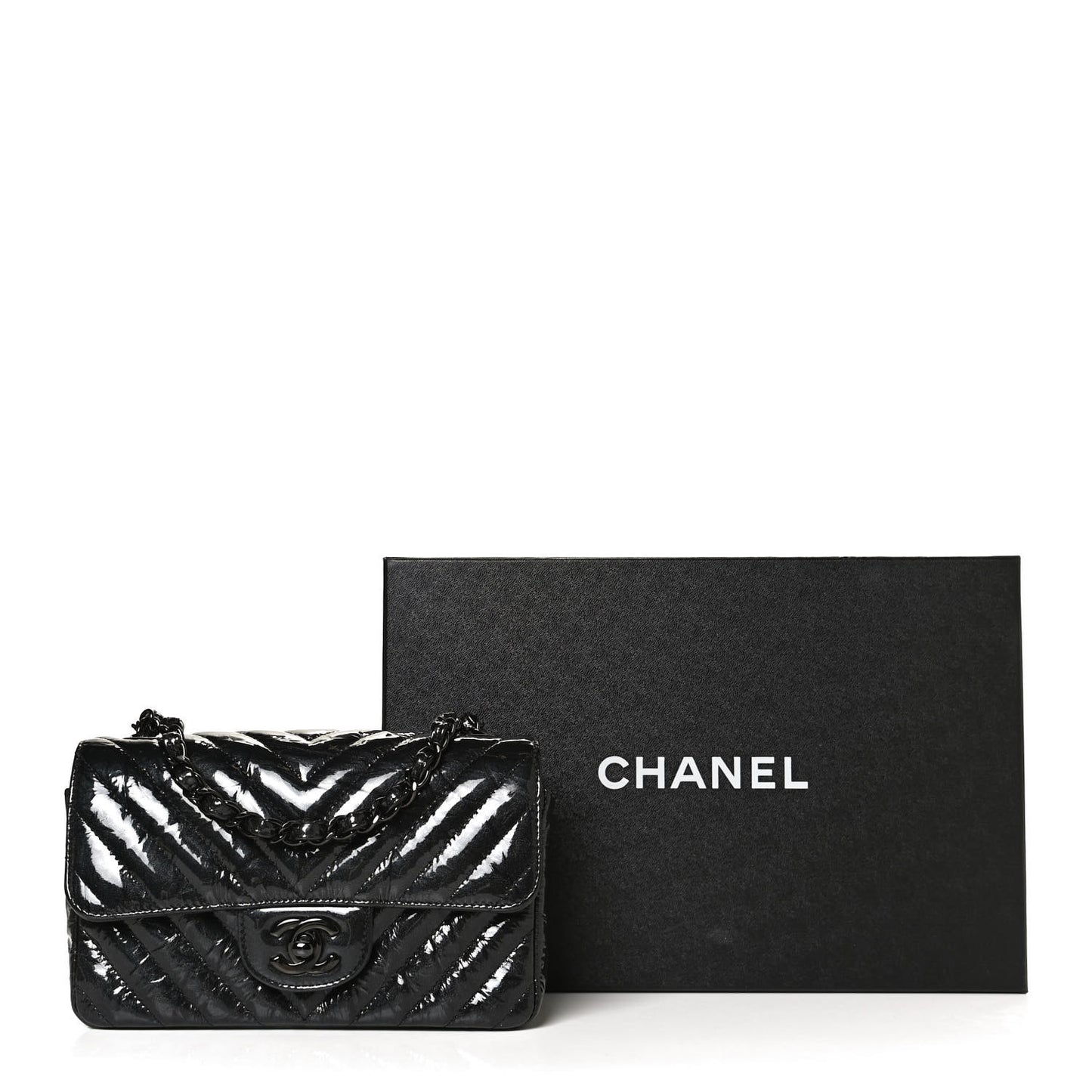 Patent Metallic Crumpled Calfskin Chevron Quilted Mini Rectangular Flap So Black
