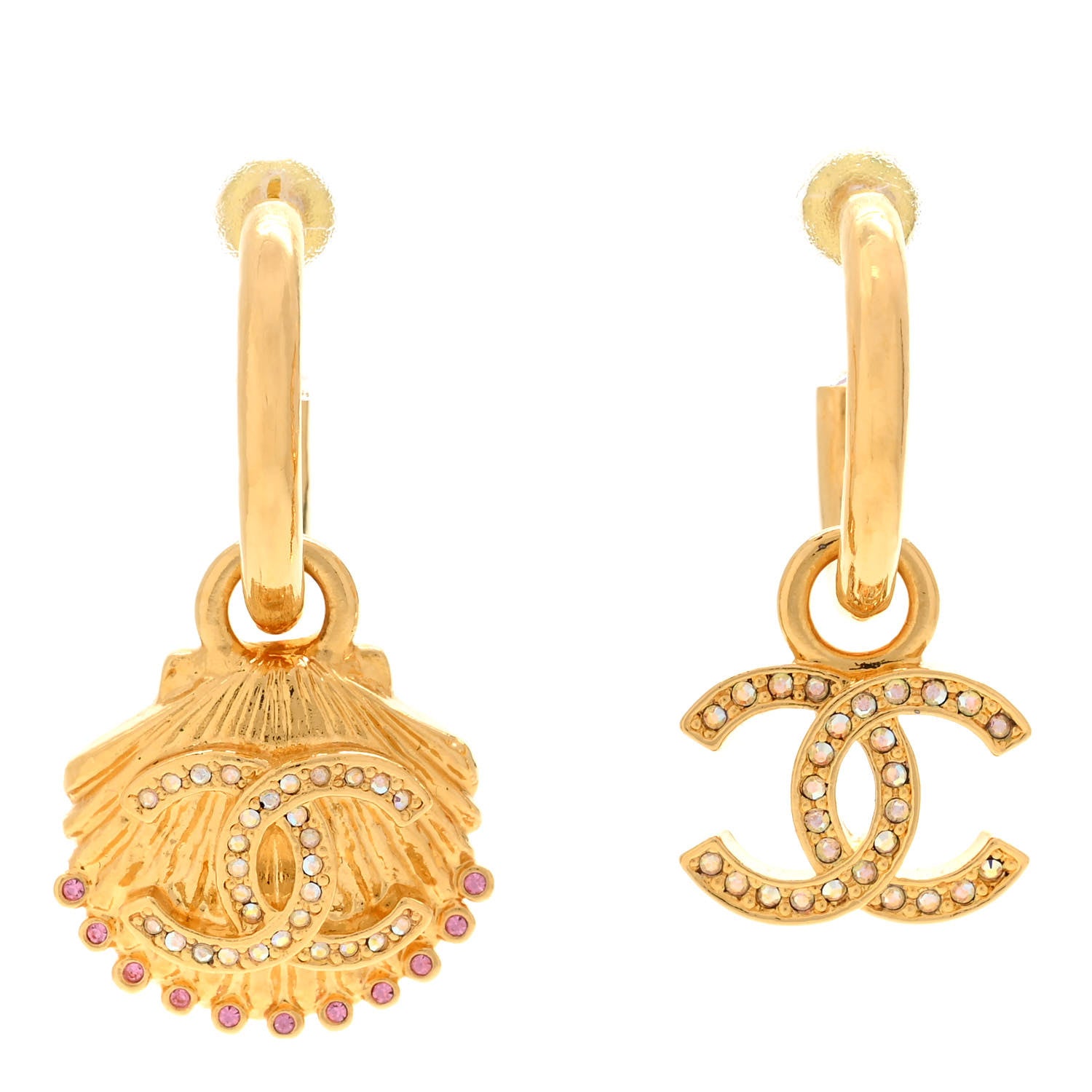 Chanel Crystal CC Shell Hoop Earrings Gold Pink 1 of 5