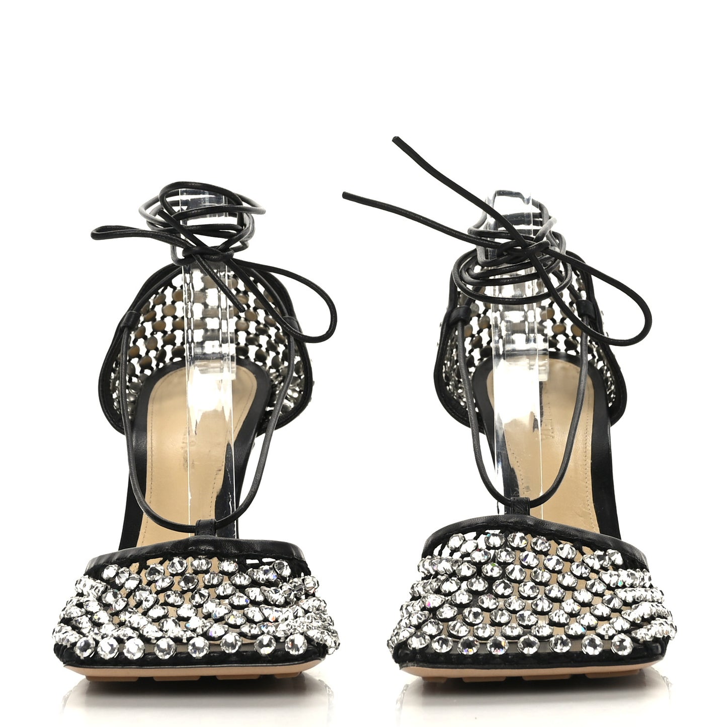 Mesh Nappa Crystal Embellished Sparkle Stretch Ankle Tie Sandals 39 Black