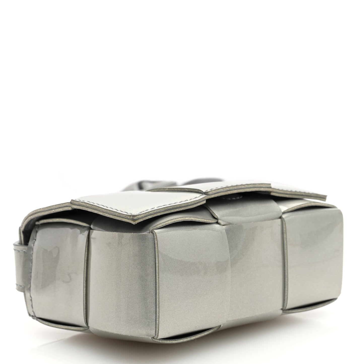 Metallic Patent Calfskin Maxi Intrecciato Extra Mini Cassette Crossbody Bag Silver