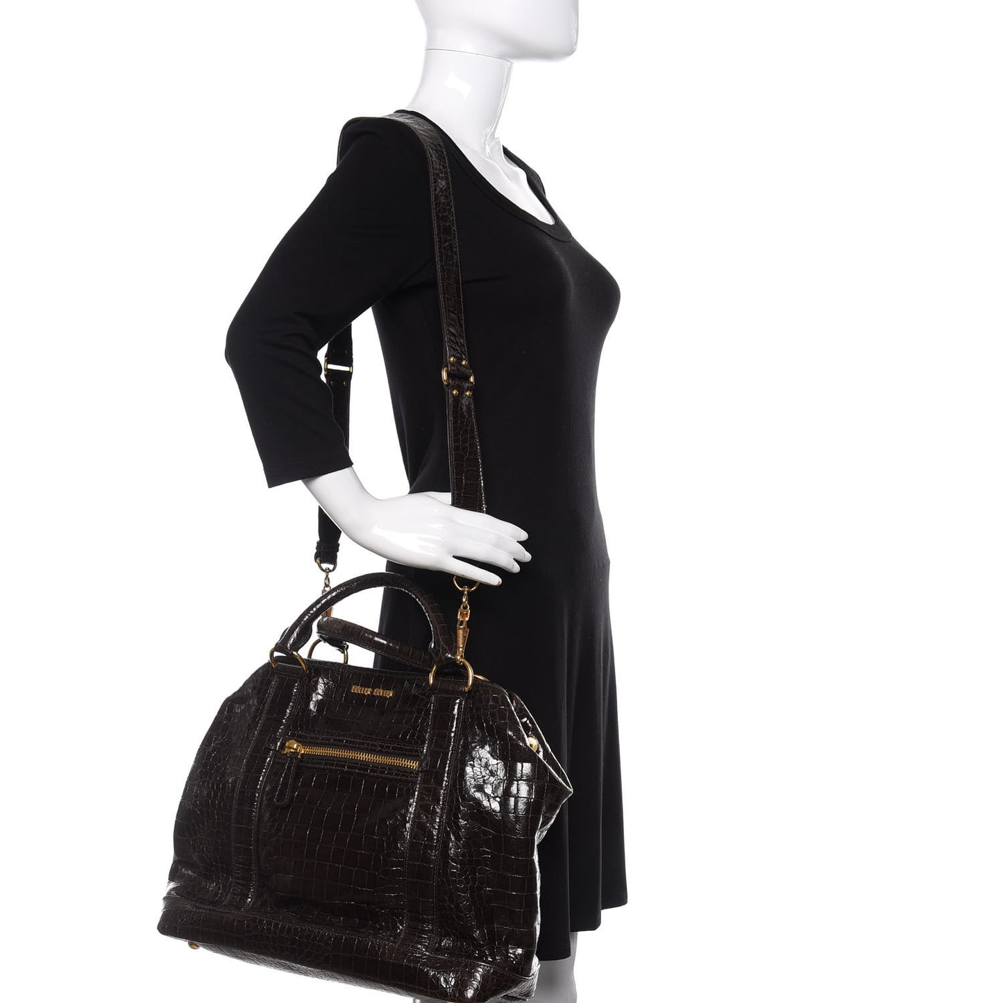 Calfskin Crocodile Embossed St Cocco Shopping Tote Black