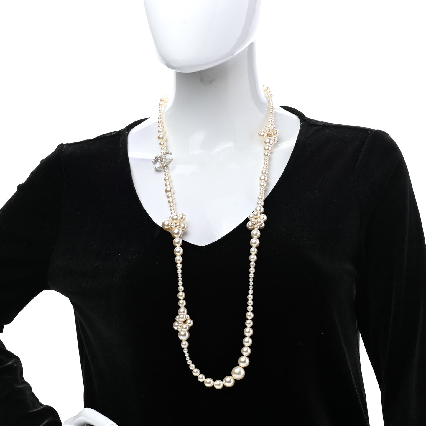 Pearl Cluster CC Long Necklace Silver