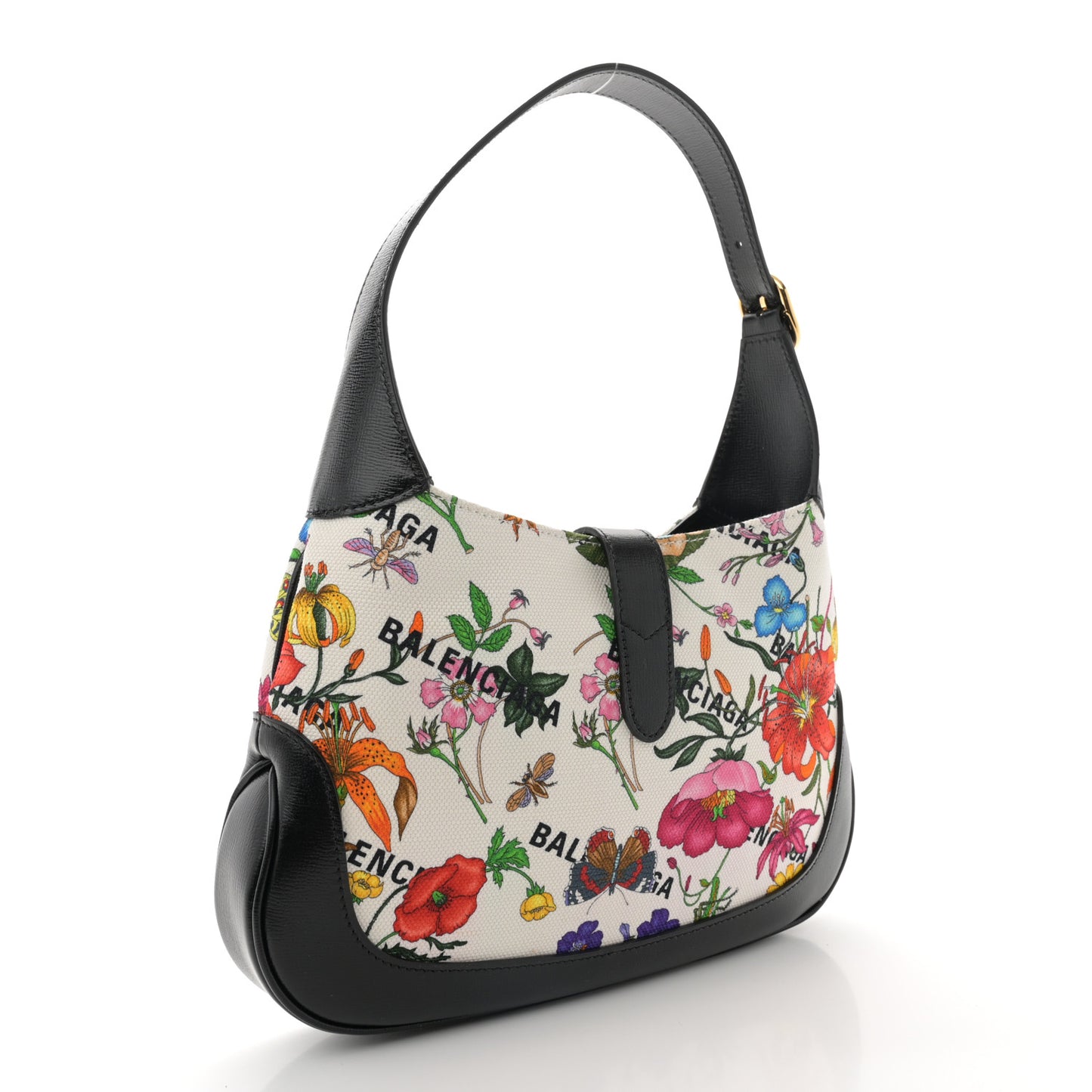 X BALENCIAGA Canvas Boarded Pluton Calfskin Flora Logo Print Small Jackie 1961 Hobo White Multicolor Black