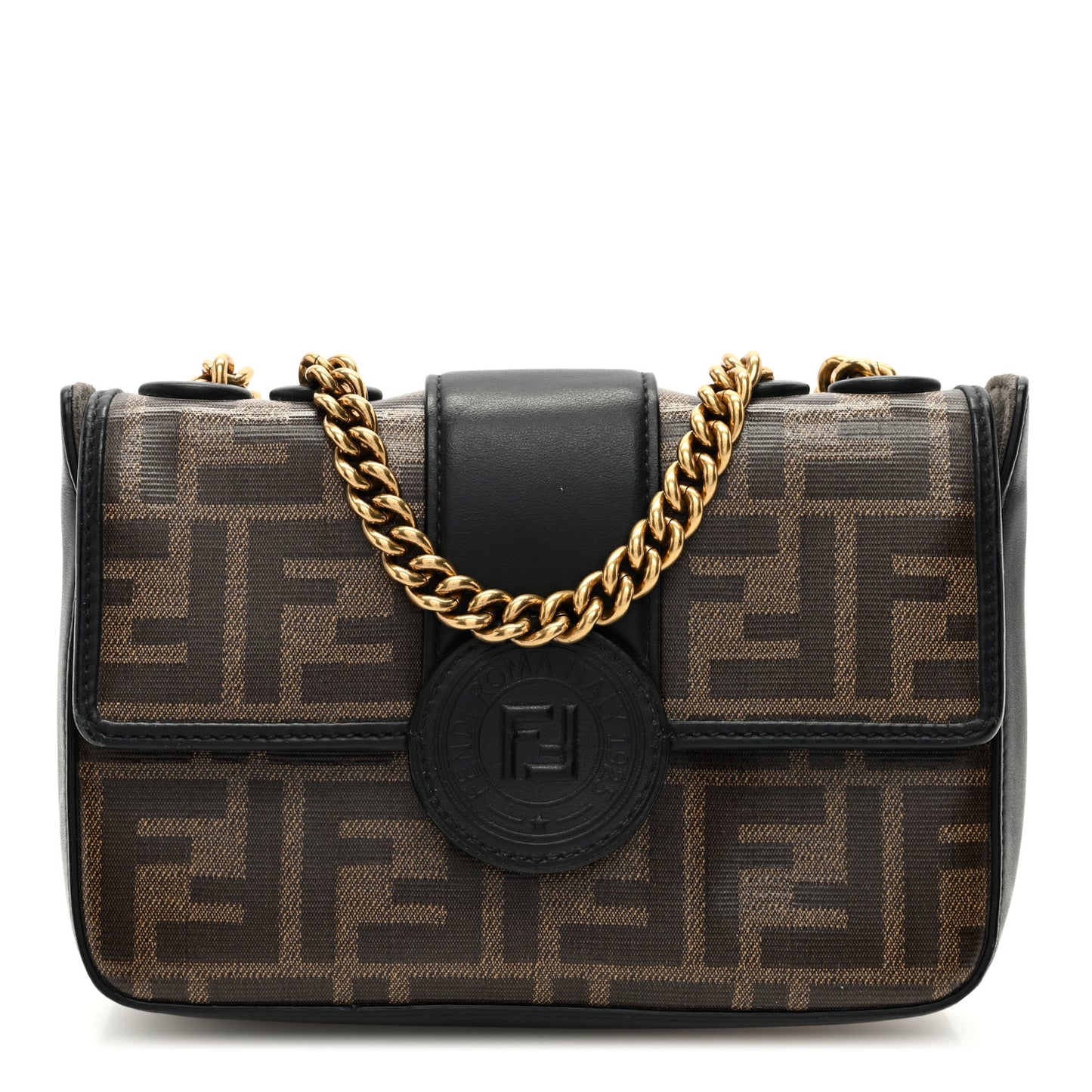 Glazed Fabric Vitello Century FF 1974 Stamp Patch Mini Double F Crossbody Bag Mogano Panna Black