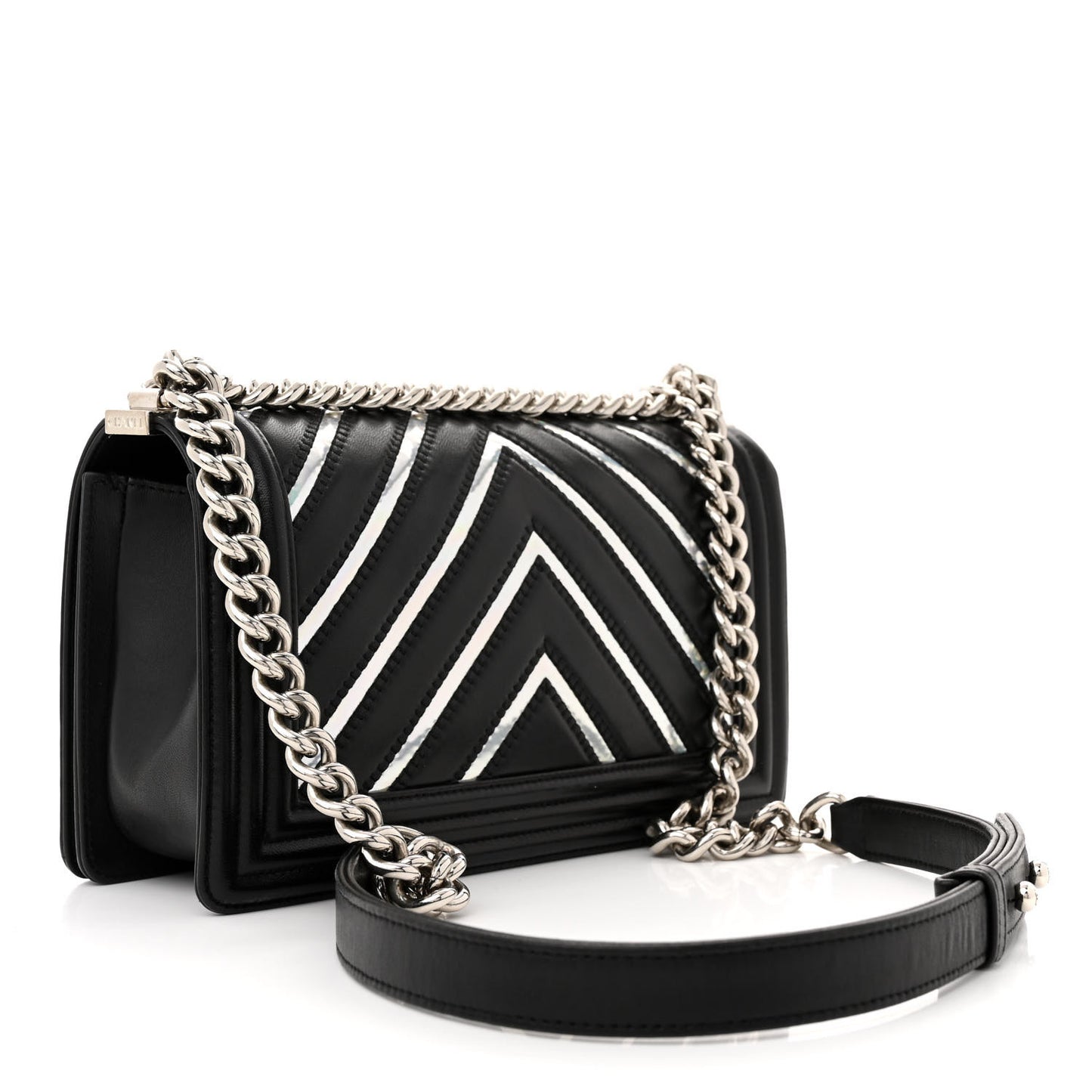Lambskin Iridescent PVC Chevron Quilted Medium Boy Flap Black Silver