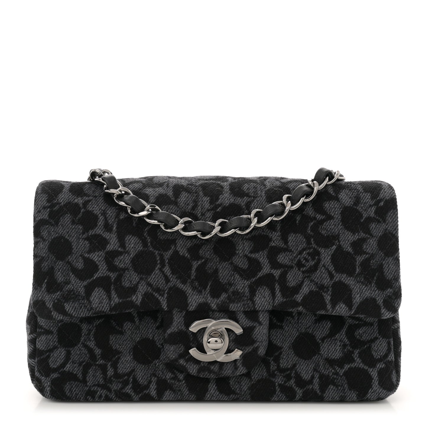 Printed Denim Quilted Flower Mini Rectangular Flap Black