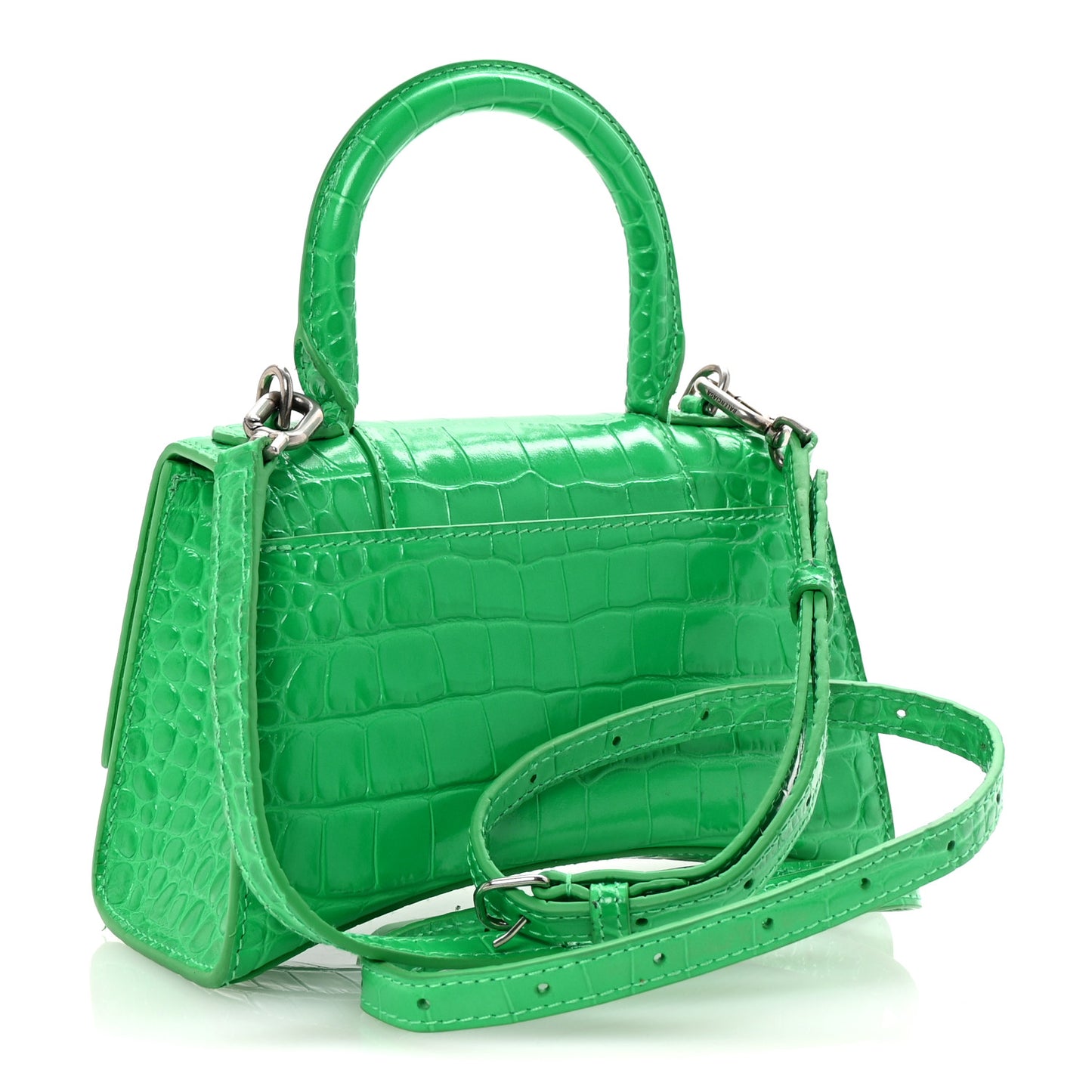 Shiny Calfskin Tonal B Crocodile Embossed Hourglass Top Handle Bag XS Vivid Green