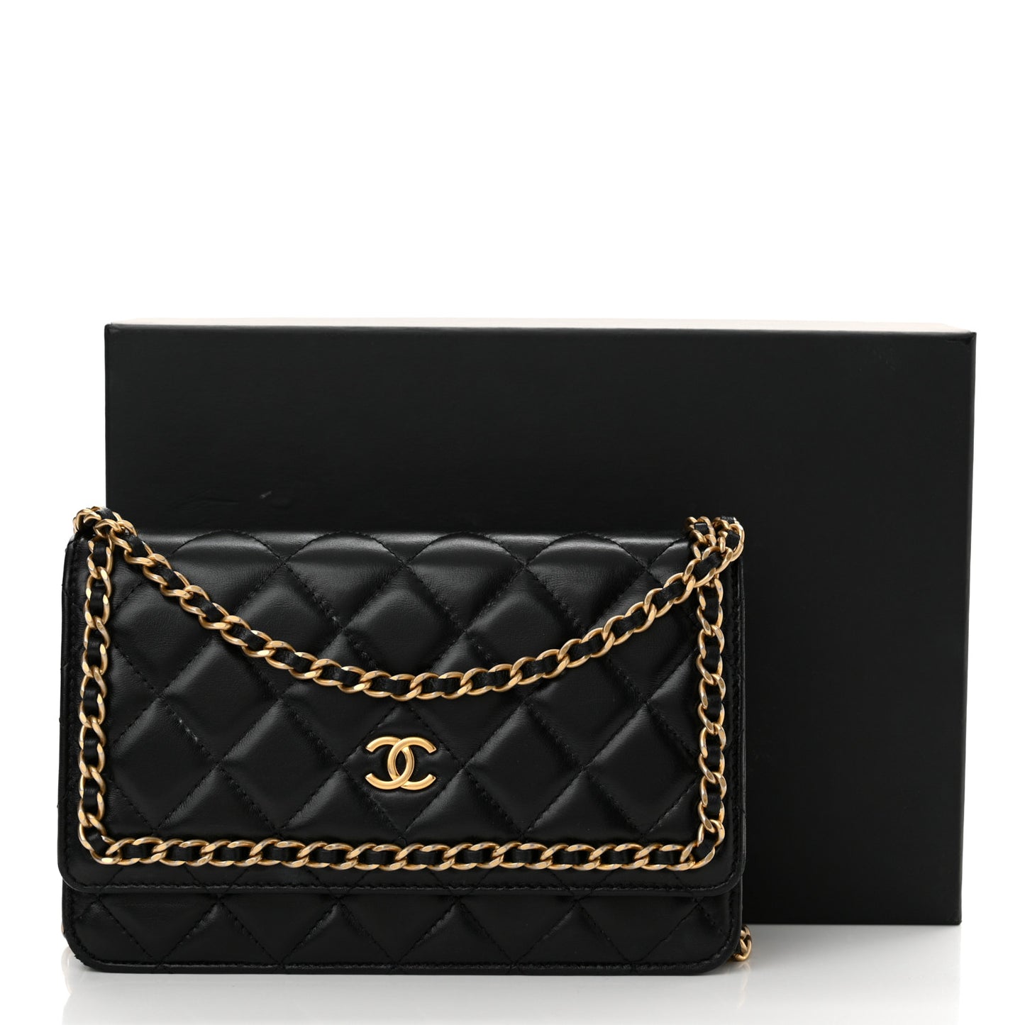 Lambskin Quilted Chain Around Wallet On Chain WOC Black