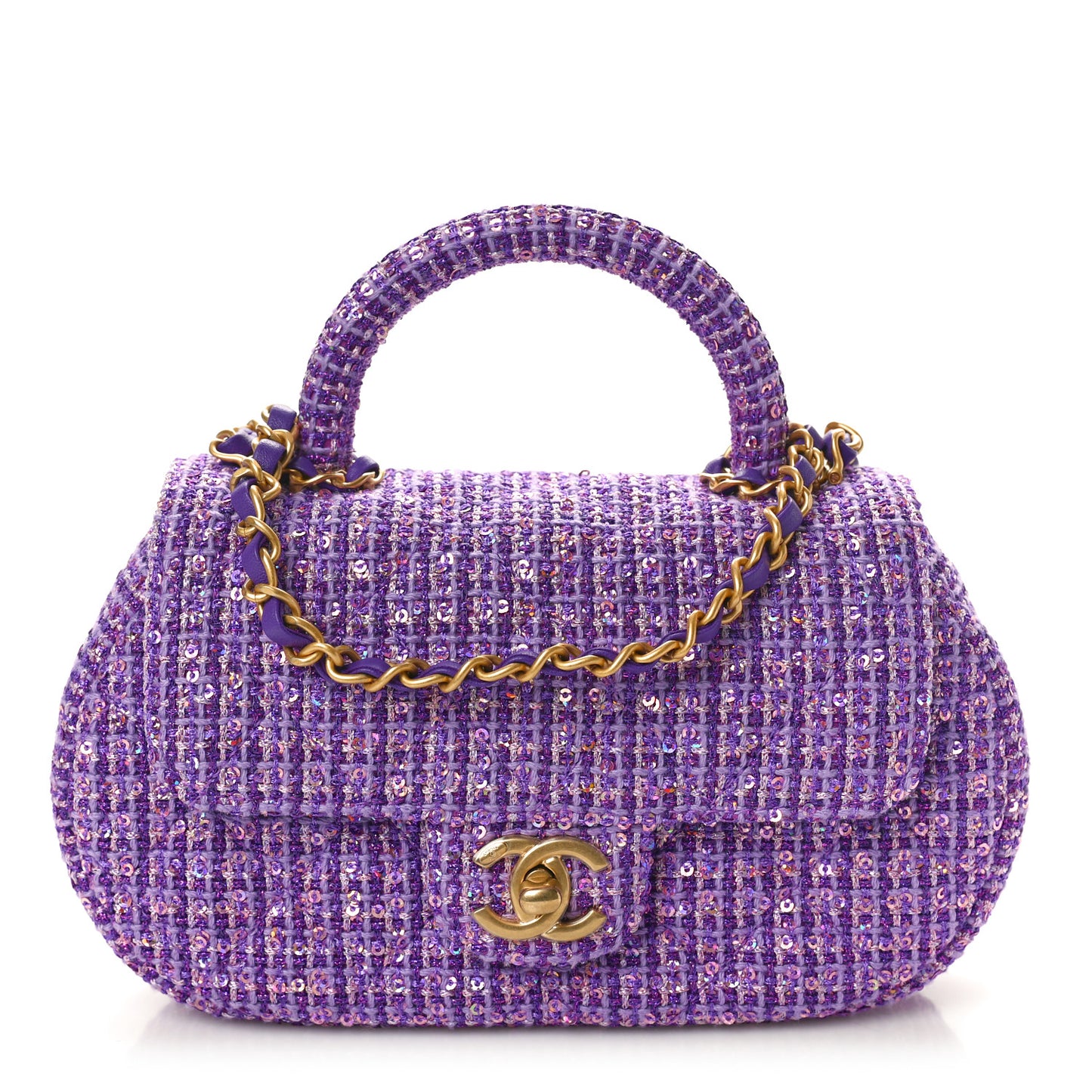 Tweed Sequin Quilted Baywatch Top Handle Flap Purple