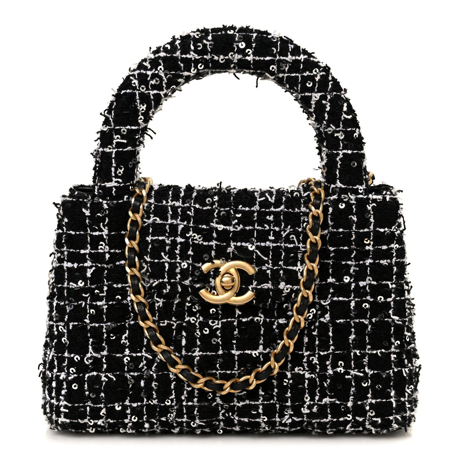 Chanel Tweed Quilted Nano Kelly Shopper Black White 1824733