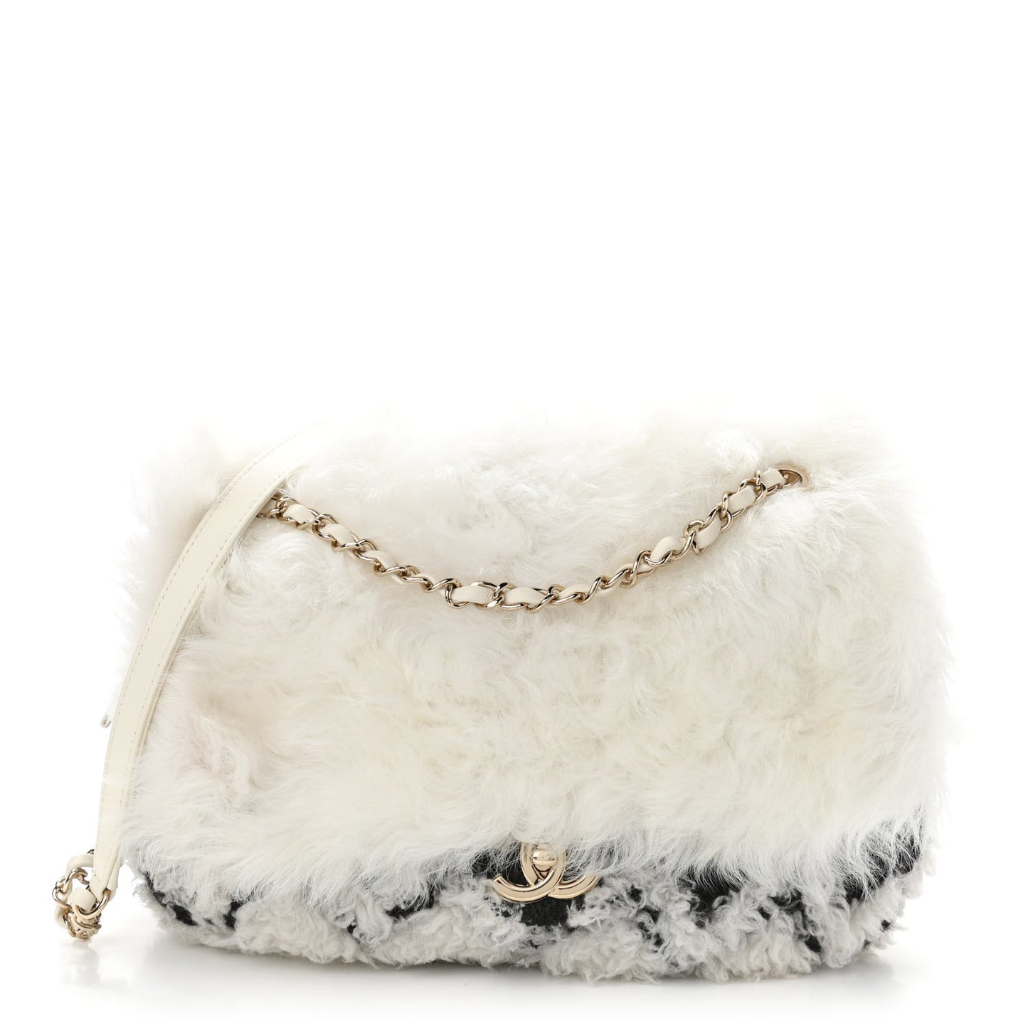 Wool Shearling Sheepskin Zip Around Flap Black Ecru