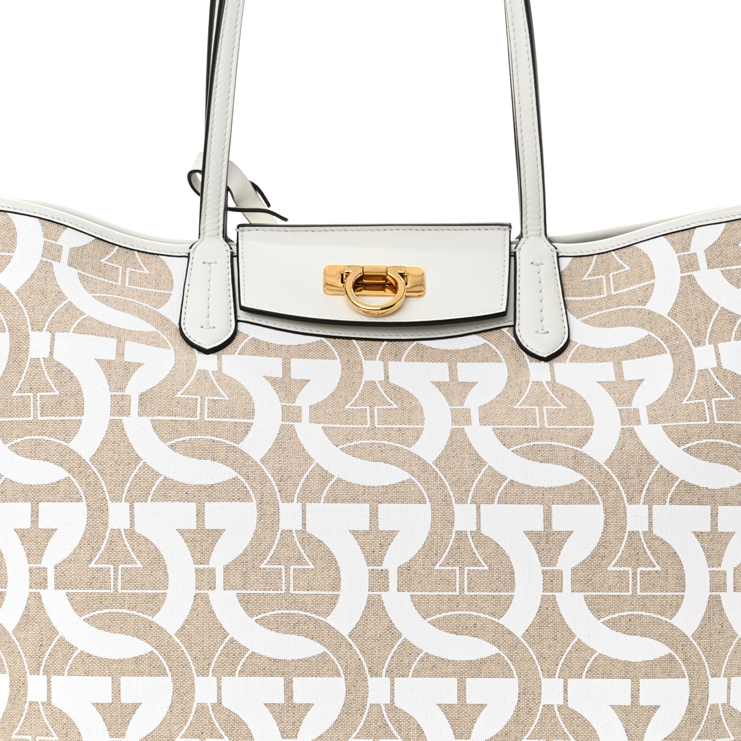 Salvatore Ferragamo Canvas Calfskin Gancini Tote White Beige 9 of 12