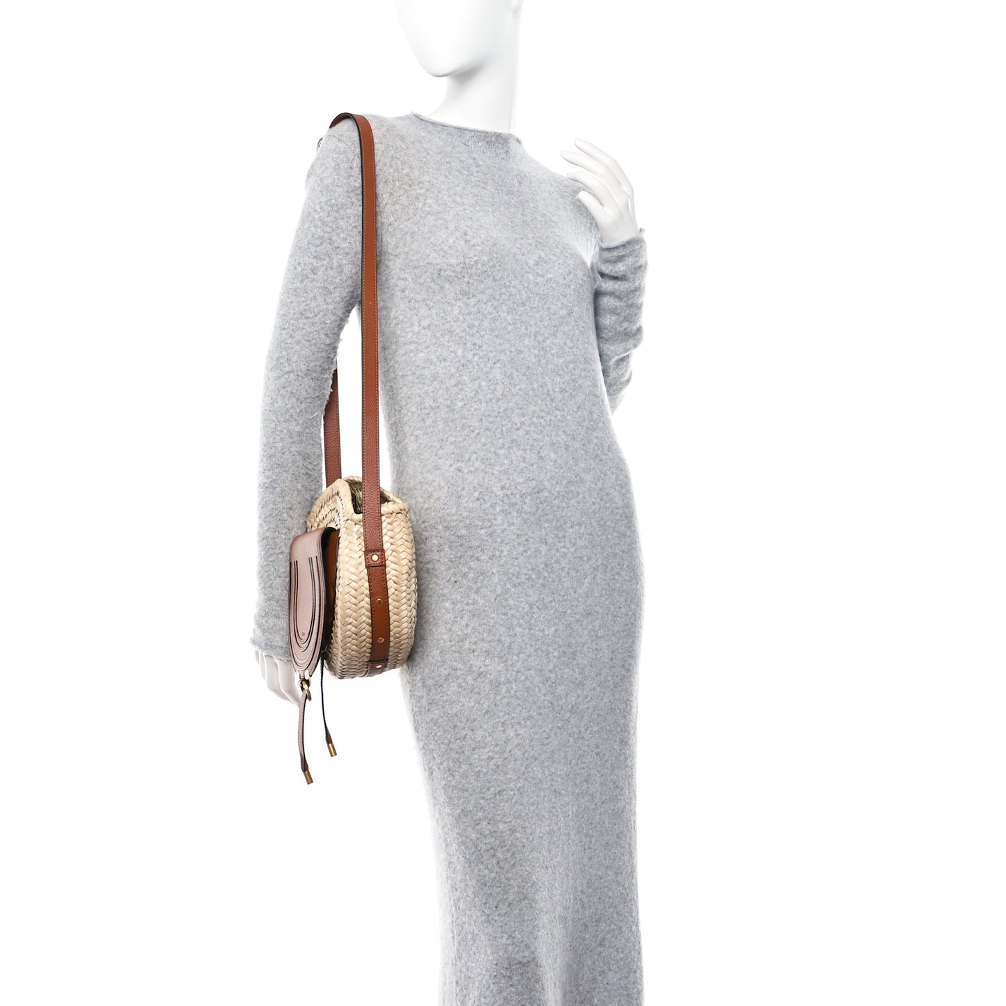 Raffia Small Grain Calfskin Small Marcie Basket Crossbody Tan