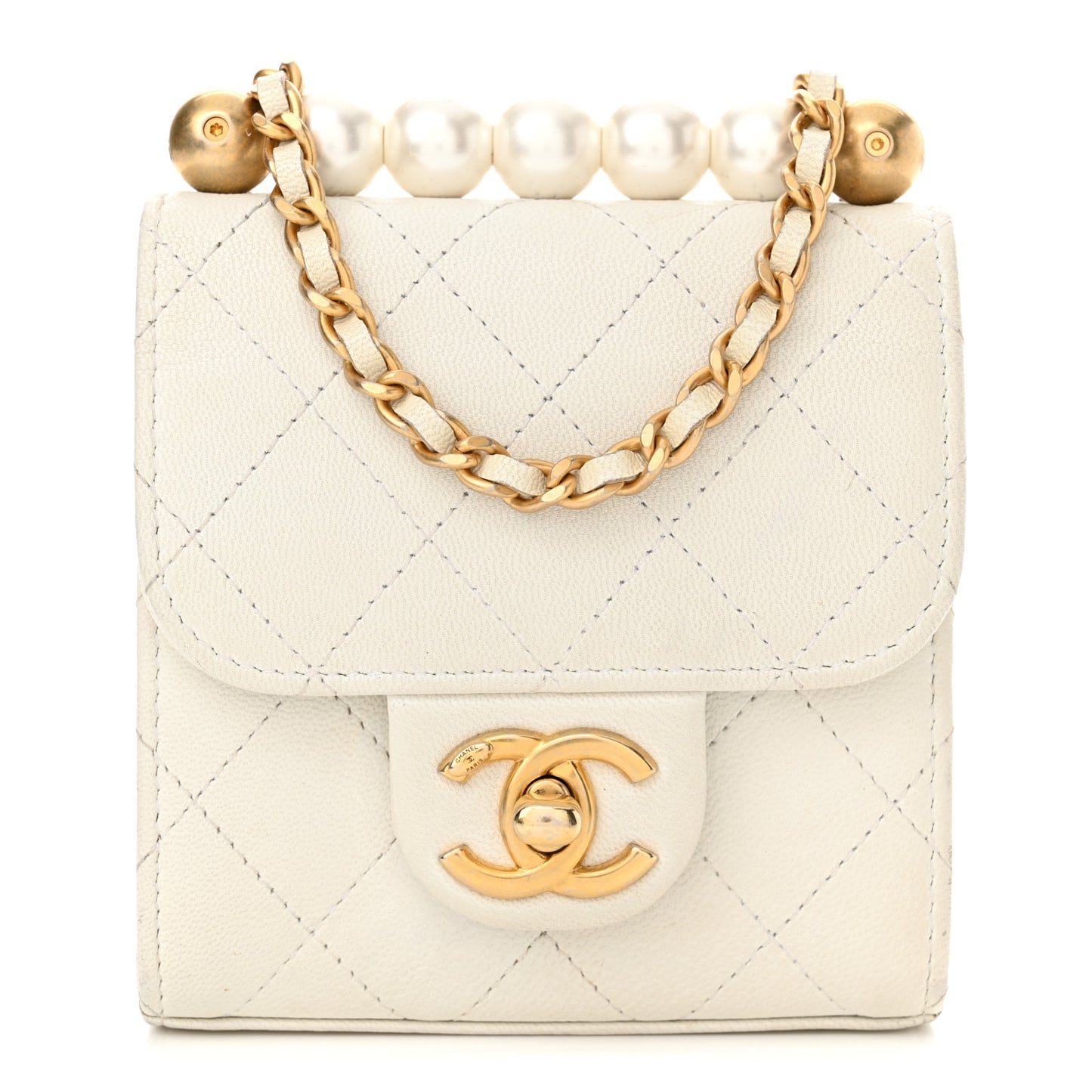 Goatskin Chic Pearls Clutch On Chain White