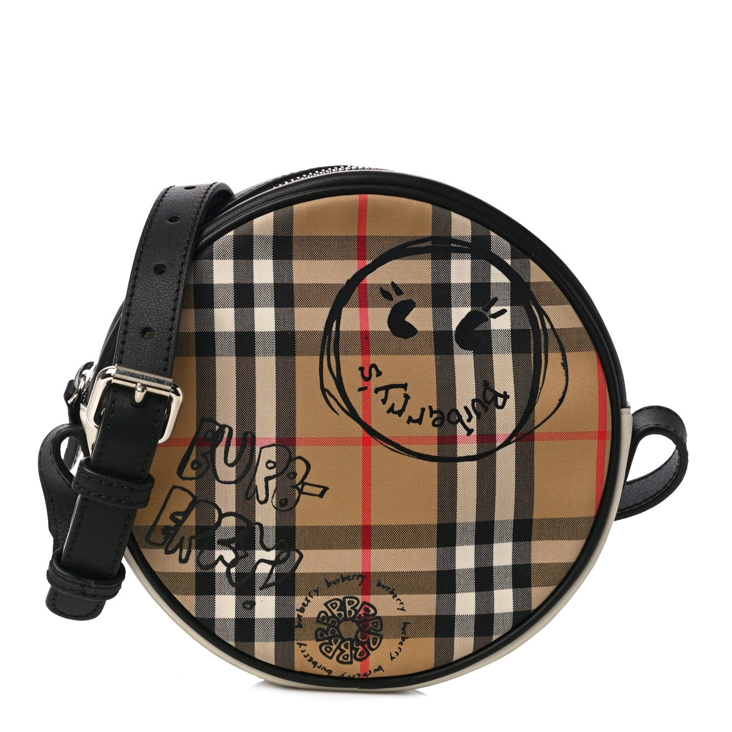 Vintage Check Calfskin Cartoon Print Round Bag Black White