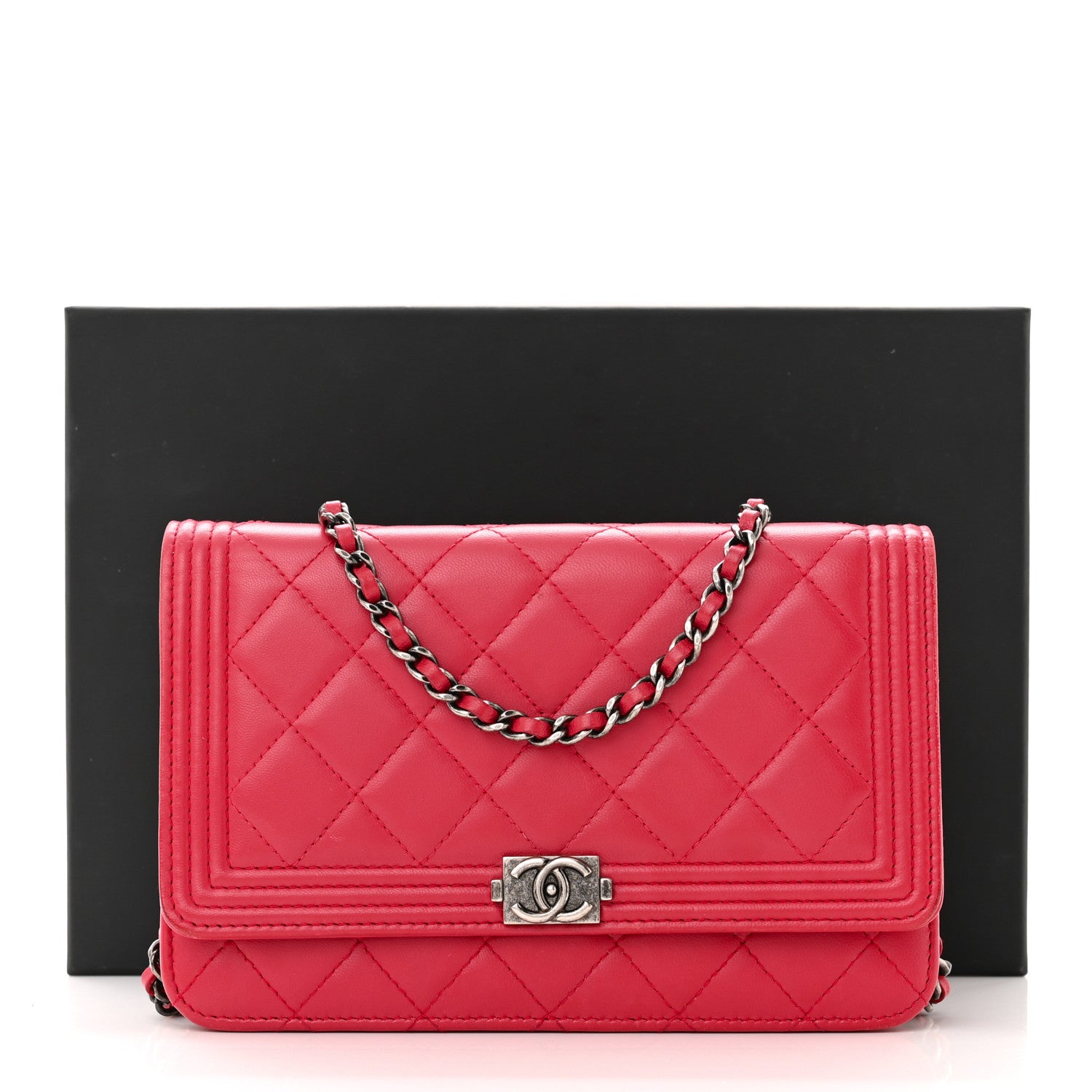 Chanel Lambskin Quilted Boy Wallet On Chain WOC Red 12 of 12