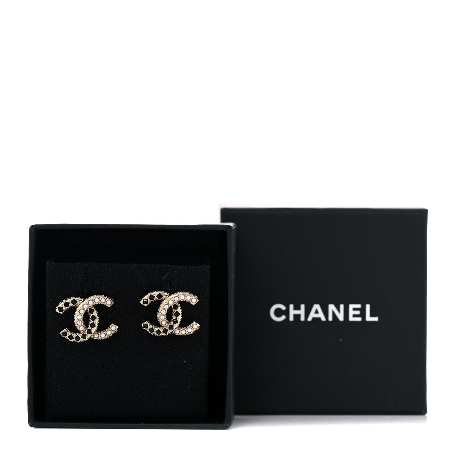 Baguette Crystal Pearl CC Earrings Gold Black