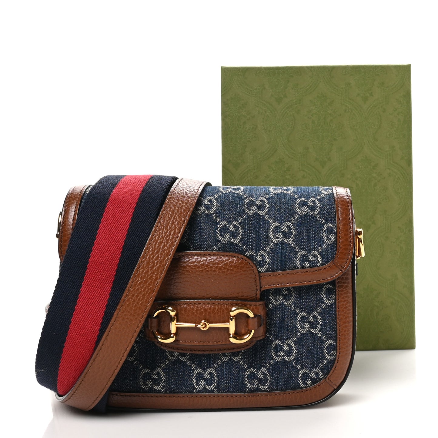 New Denim GG Monogram Dollar Calfskin Web Mini Horsebit 1955 Shoulder Bag Blue Tea Cuir Epilog