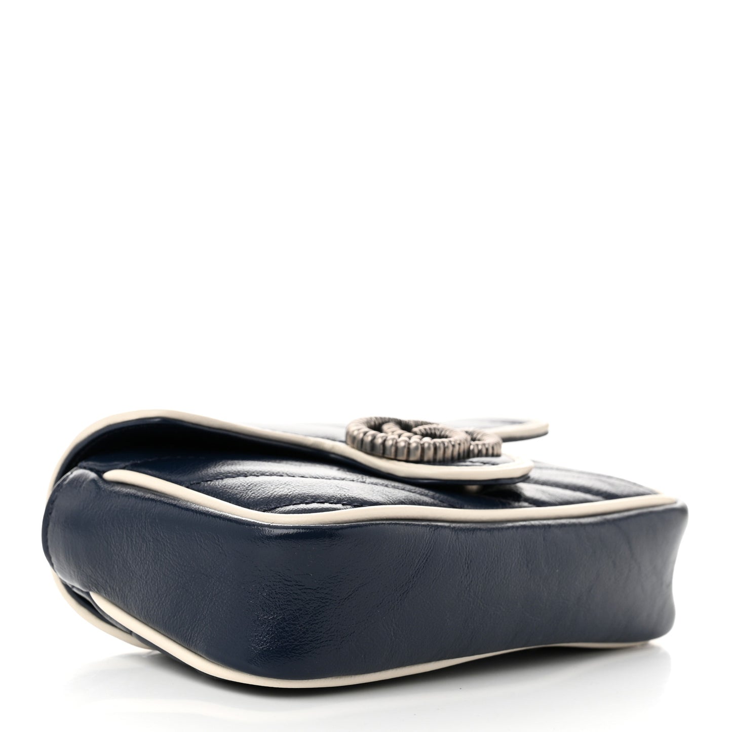 Vintage Effect Calfskin Matelasse Diagonal Super Mini Torchon GG Marmont Shoulder Bag Blue Agata Mystic White