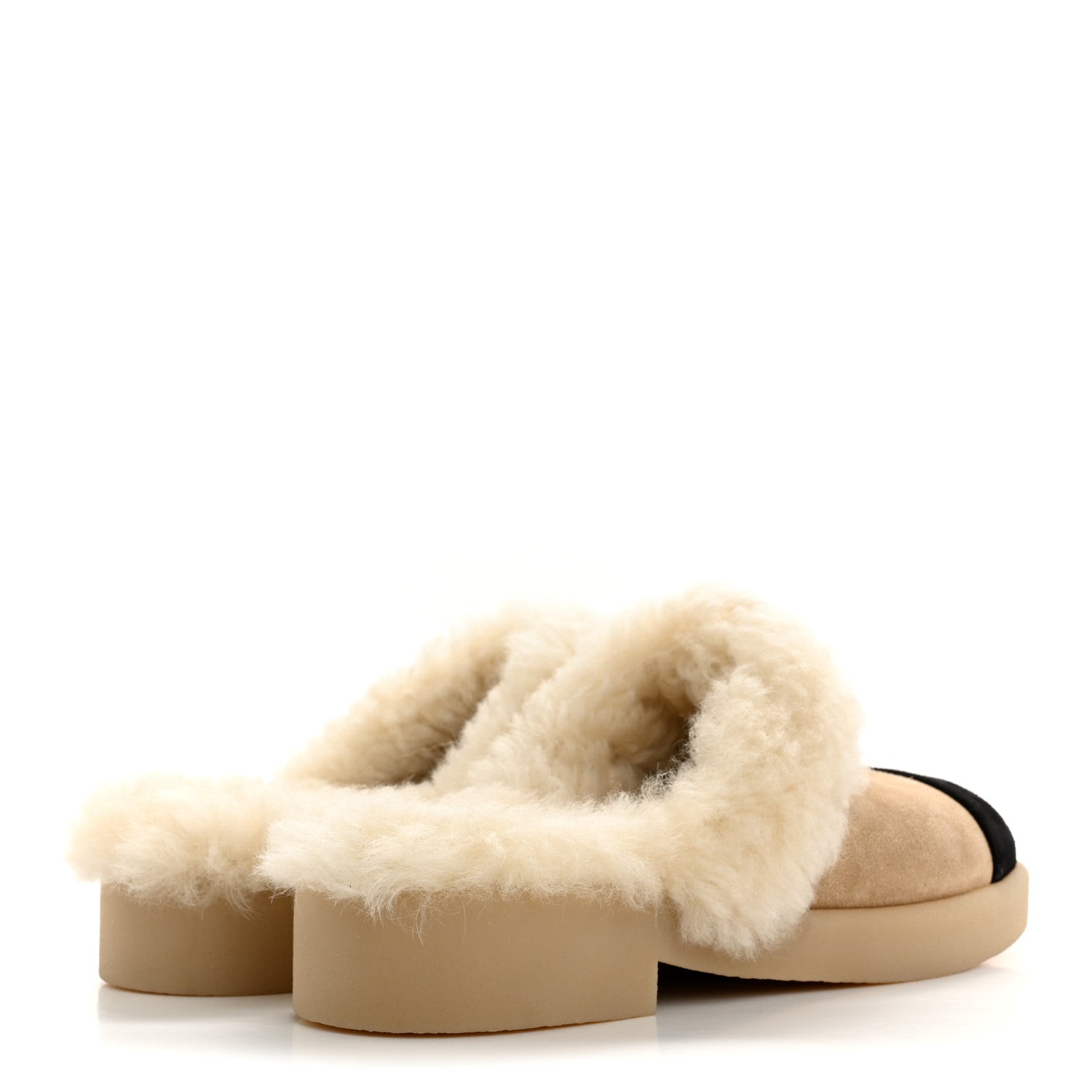 Chanel Suede Shearling CC Cap Toe Mules 38.5 Beige Black 5 of 9