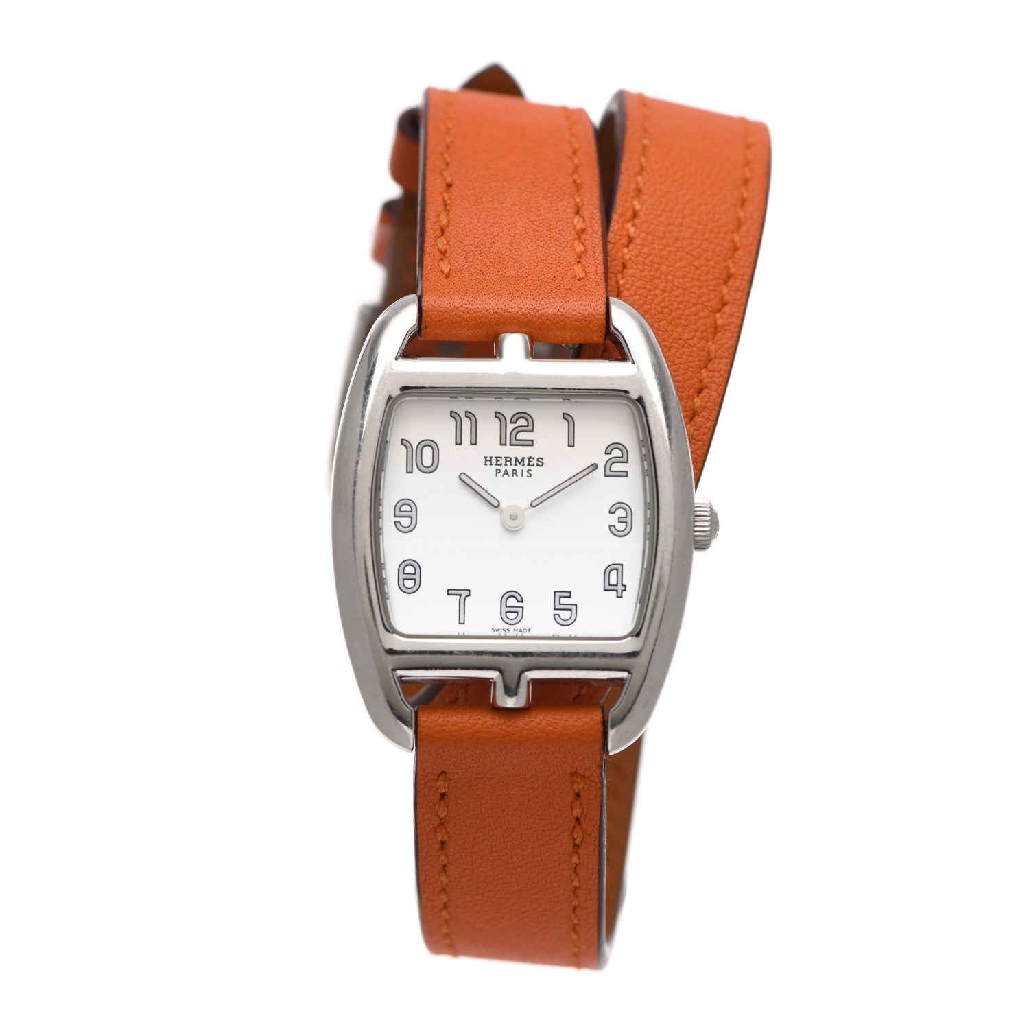 Hermes Stainless Steel Swift 26mm Cape Cod Tonneau Double Tour Quartz Watch Orange 1 of 4