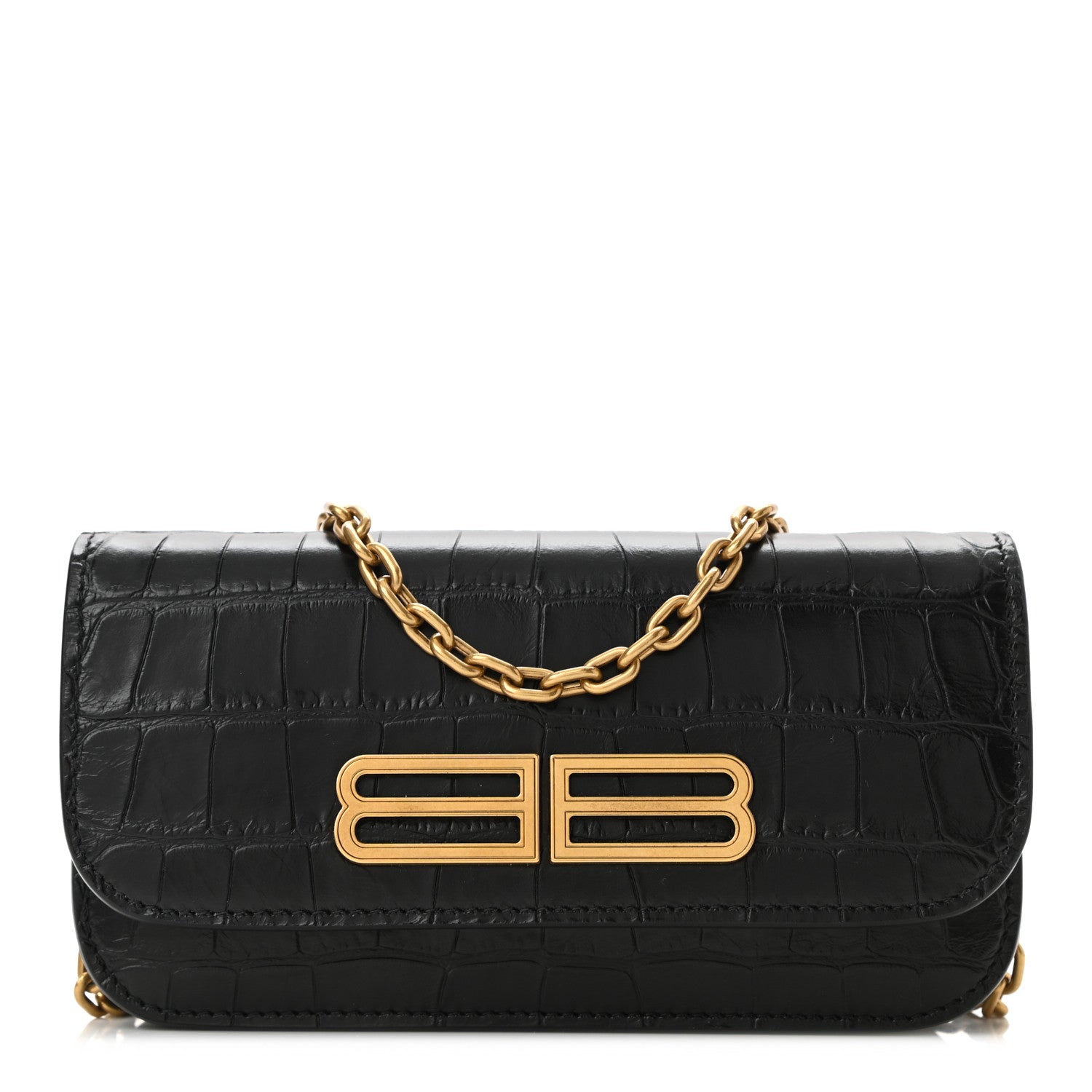 BALENCIAGA Gossip Bag ブラック ゴールド ショルダーバッグ Balenciaga Extra Supple Calfskin Crocodile Embossed Gossip Wallet