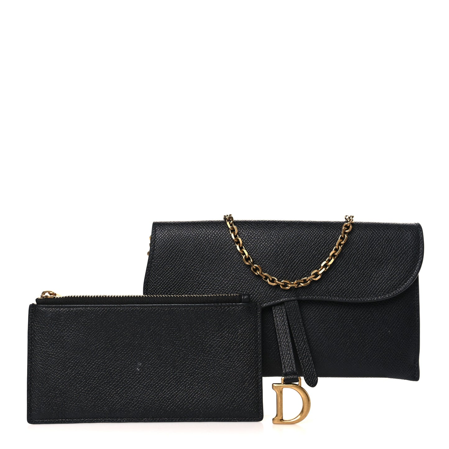 Grained Calfskin Saddle Chain Wallet Pouch Black