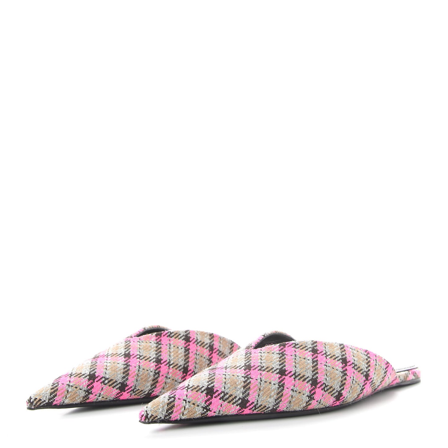 Wool Check Pointed Toe Flat Mules 35 Grey Pink
