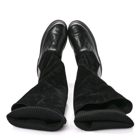 Suede Lambskin Calfskin Knit Womens High Boots 37 Black