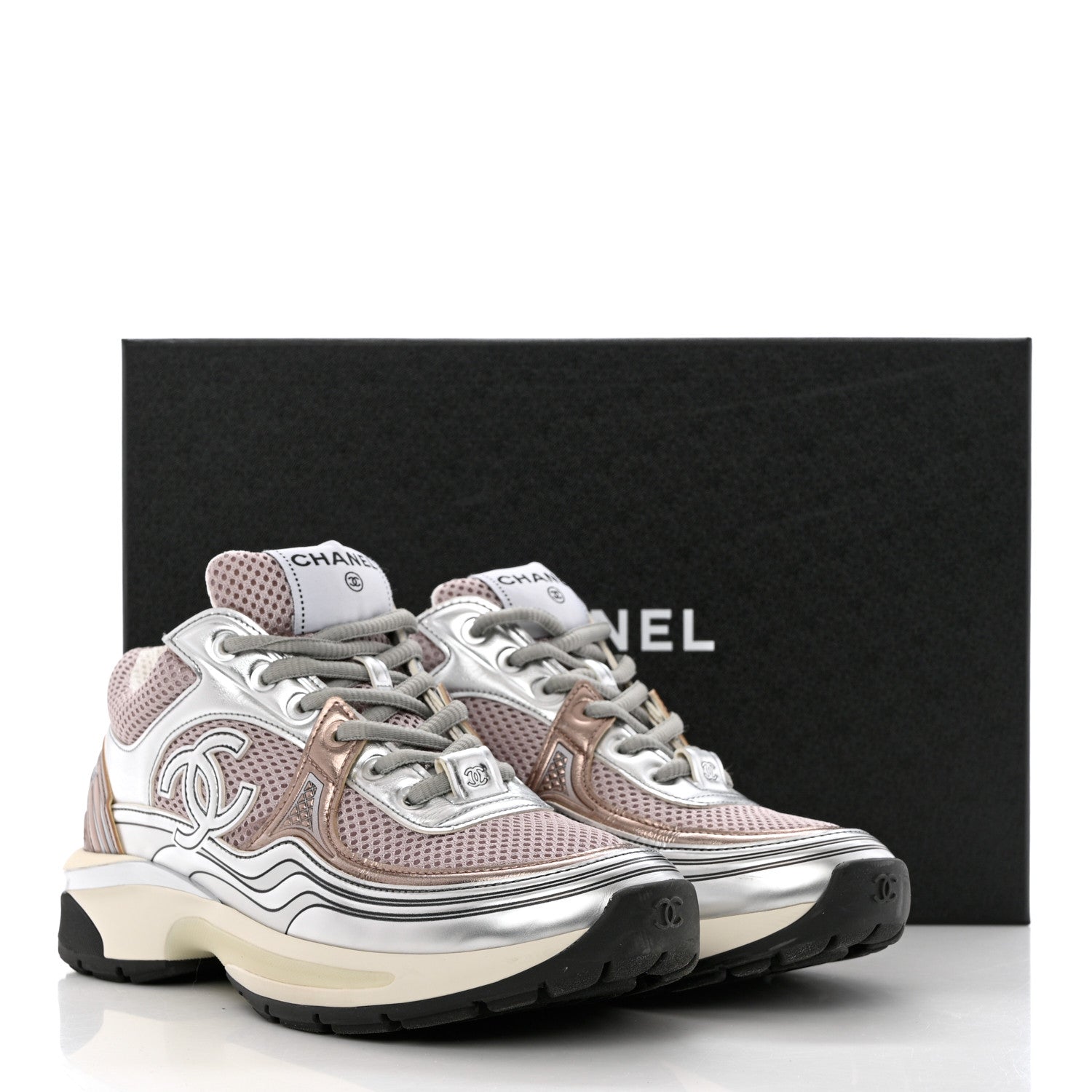 Chanel Fabric Laminated Calfskin Stretch CC Sneakers 37 Pink Silver 11 of 11