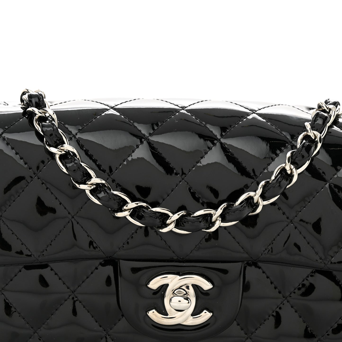 Patent Calfskin Quilted Mini Rectangular Flap Black