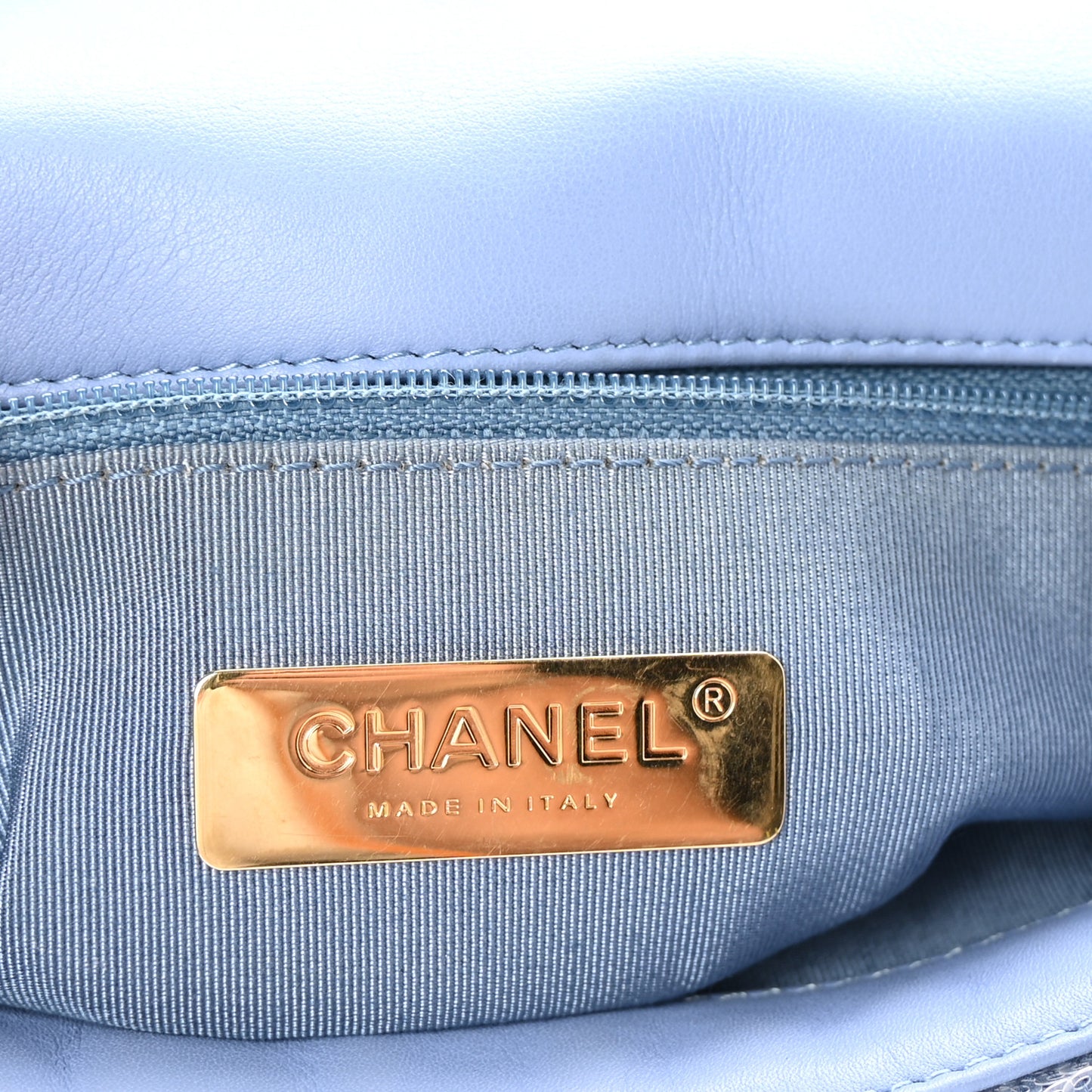 Sequin Quilted Medium Chanel 19 Flap Light Blue