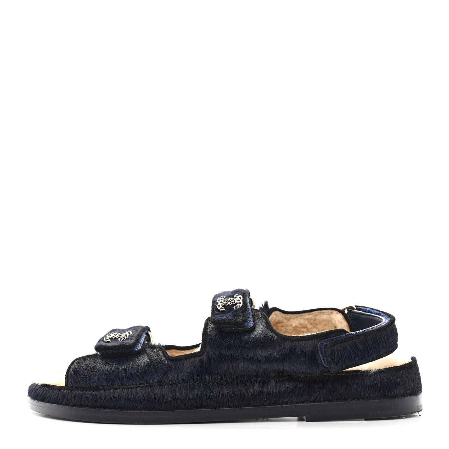 Calfskin Hair Suede Shearling Dad Sandals 39.5 Navy Black
