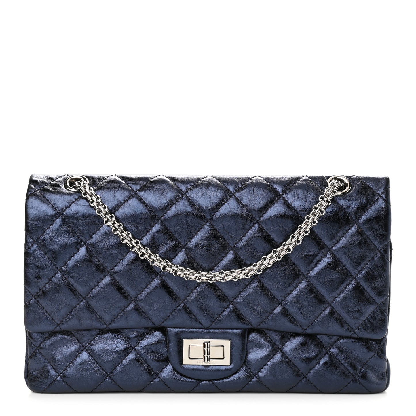 Metallic Aged Calfskin Quilted 2.55 Reissue 227 Flap Dark Navy Blue