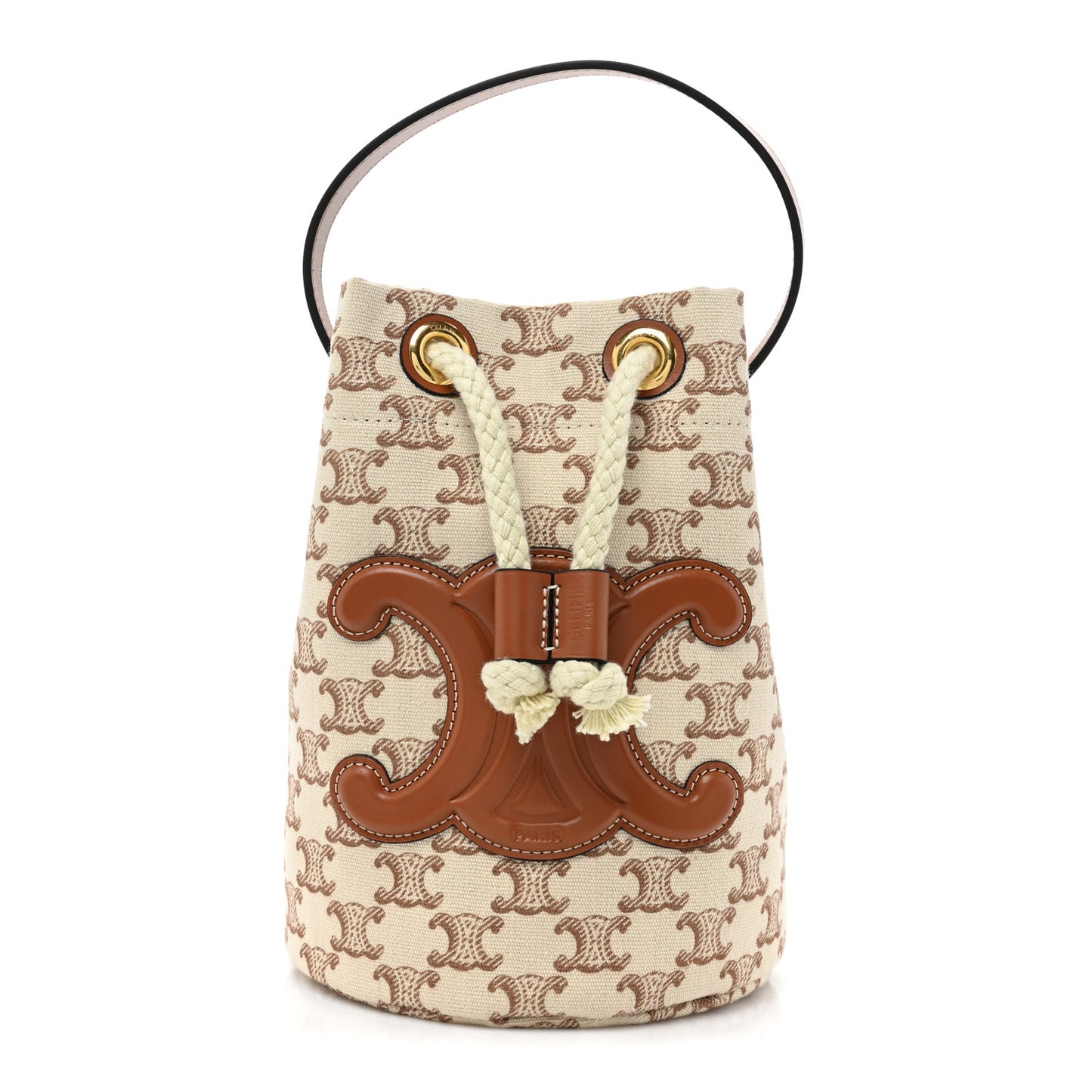 Triomphe Canvas Calfskin Teen Drawstring Bucket Bag White