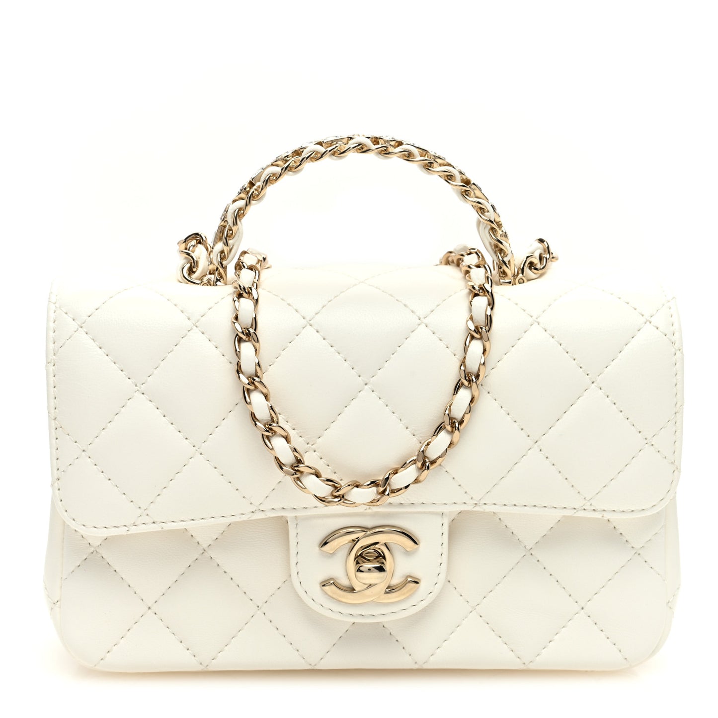 Lambskin Quilted Mini Crystal Top Handle Rectangular Flap White