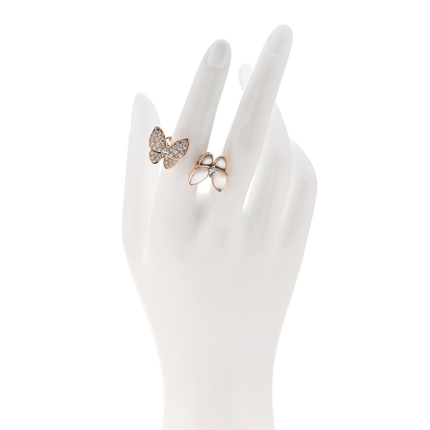 18K Rose Gold Diamond Mother of Pearl Two Butterfly Between The Finger Ring 54 7