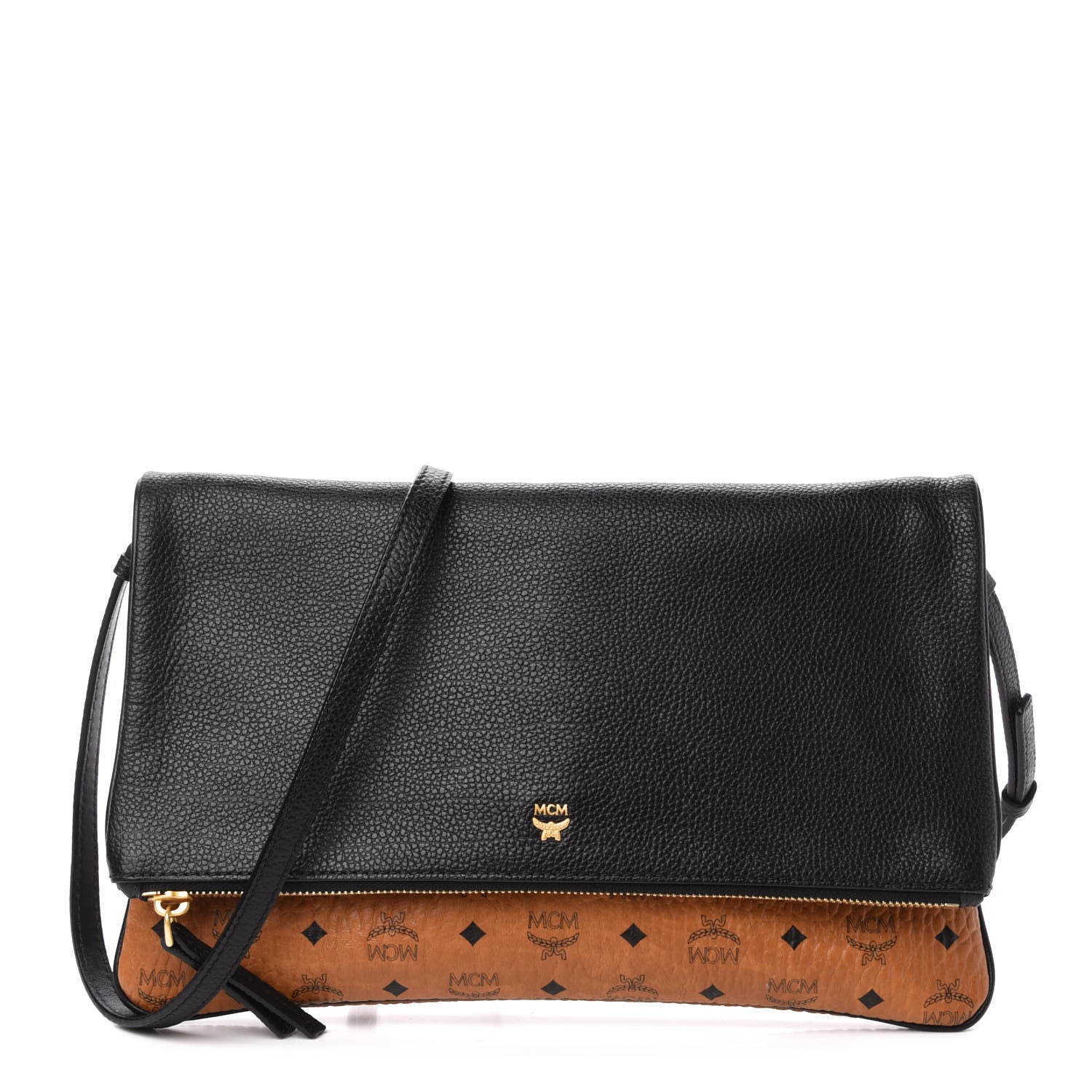 MCM Visetos Corina Foldover Crossbody Bag Cognac Black 696039