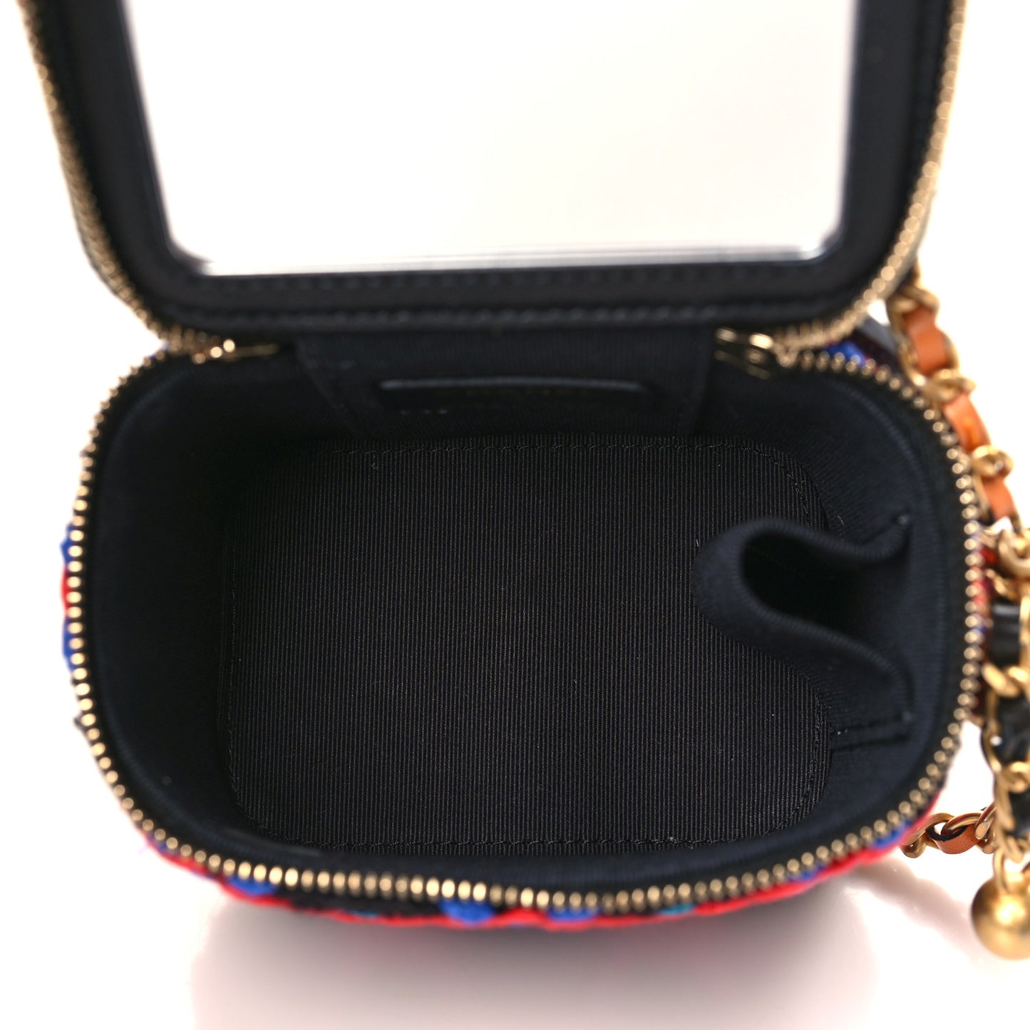 Tweed Diamond Threaded CC Pearl Crush Mini Vanity Case With Chain Black Multicolor