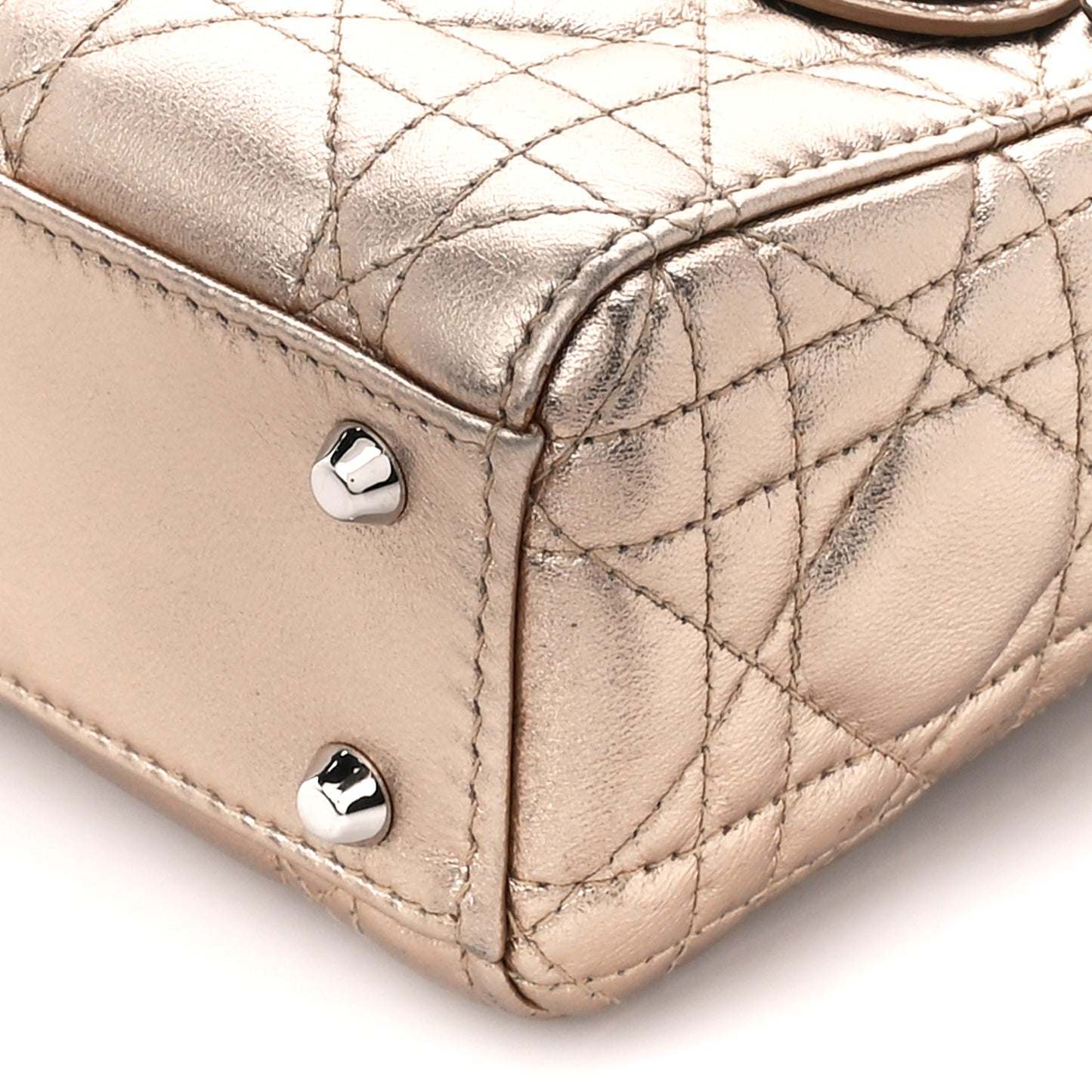 Metallic Lambskin Cannage Mini Lady Dior Gold