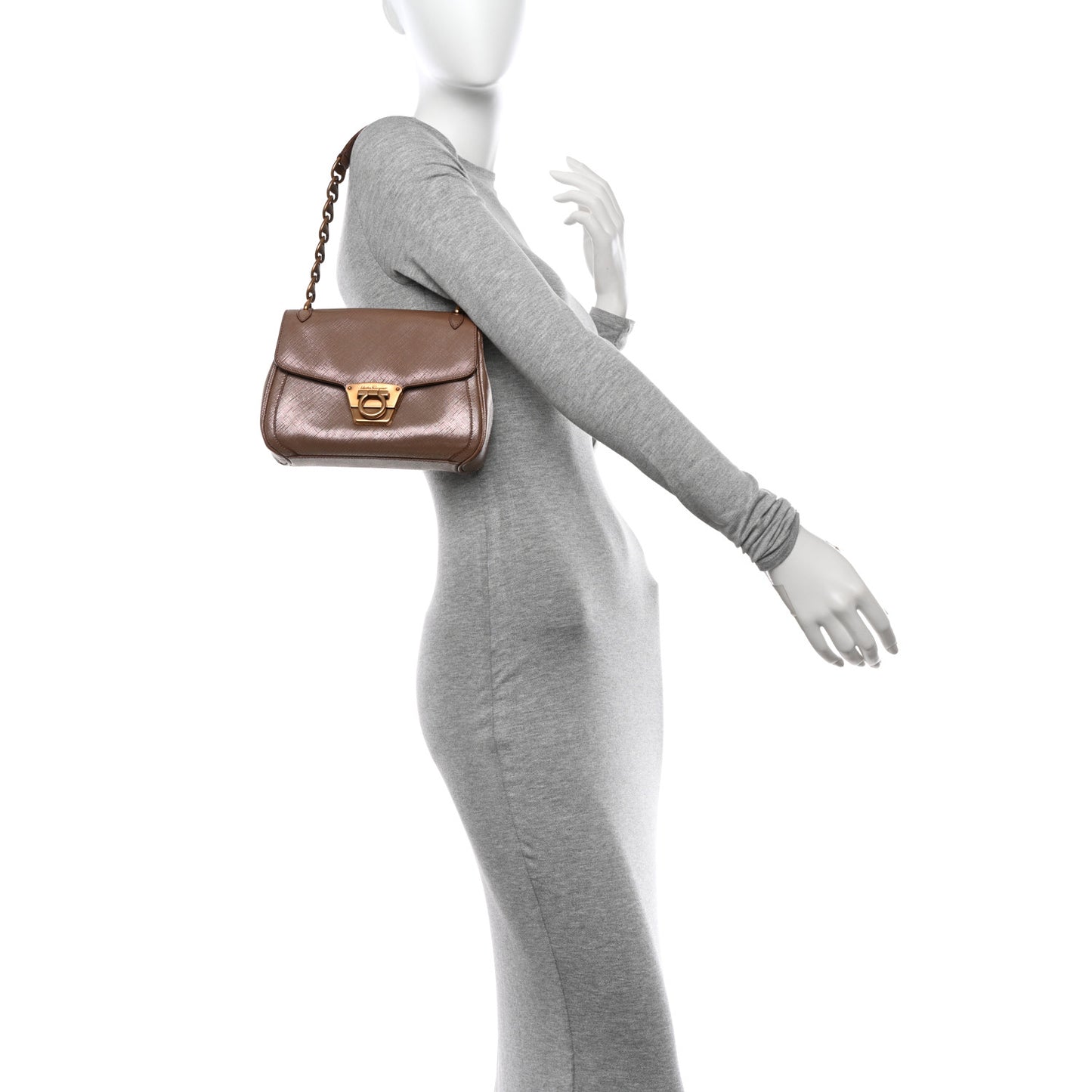 Metallic Hammered Calfskin Gancini Chain Shoulder Bag Brown