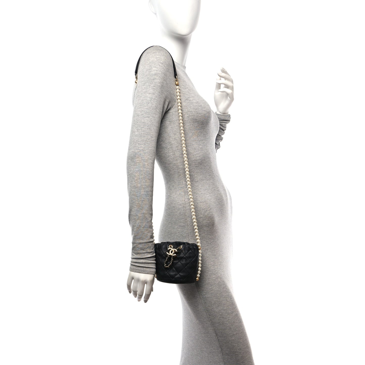 Calfskin Quilted Pearl Mini About Pearls Drawstring Bucket Bag Black
