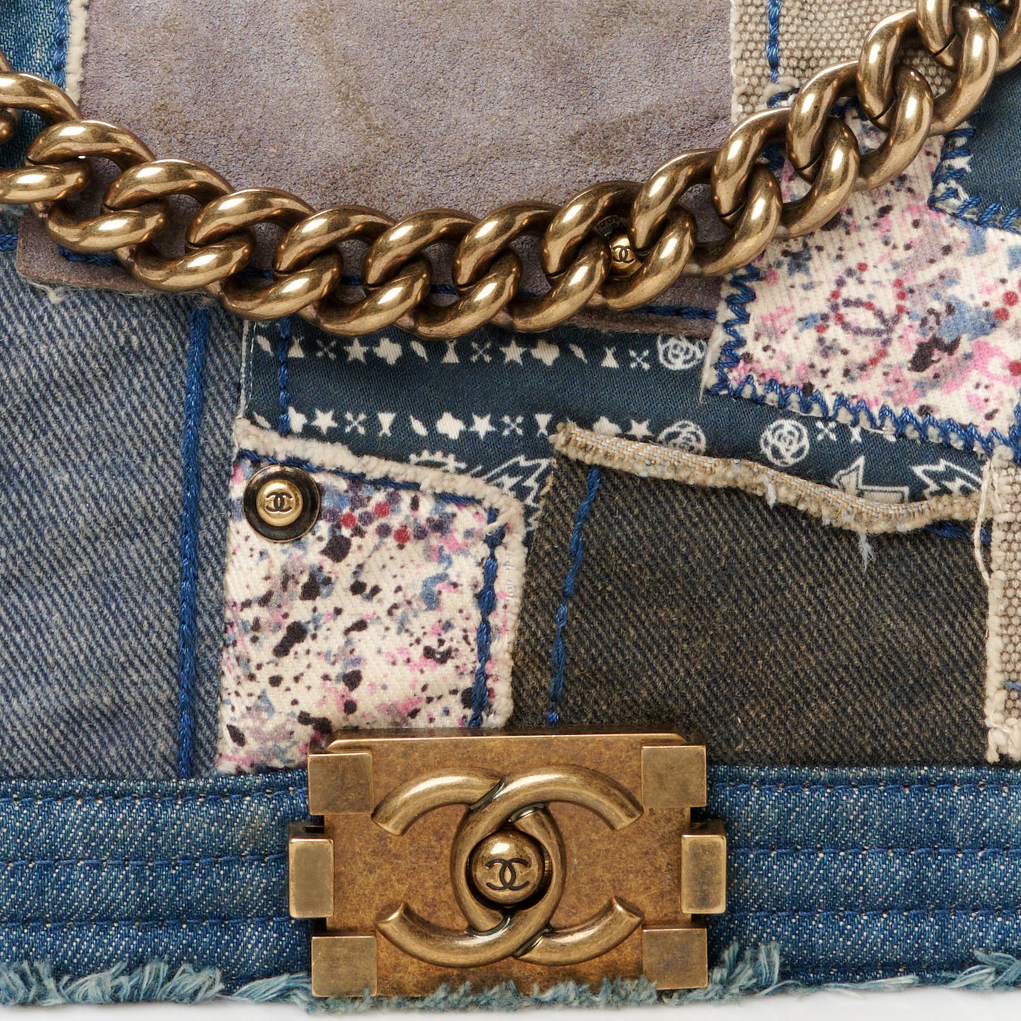 Denim Patchwork Medium Boy Flap Blue