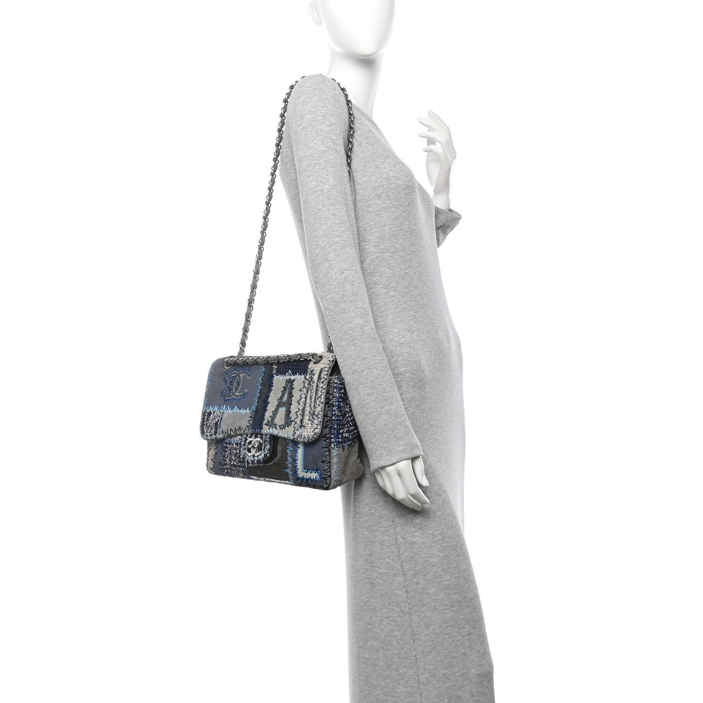 Denim Tweed Patchwork Jumbo Single Flap Blue