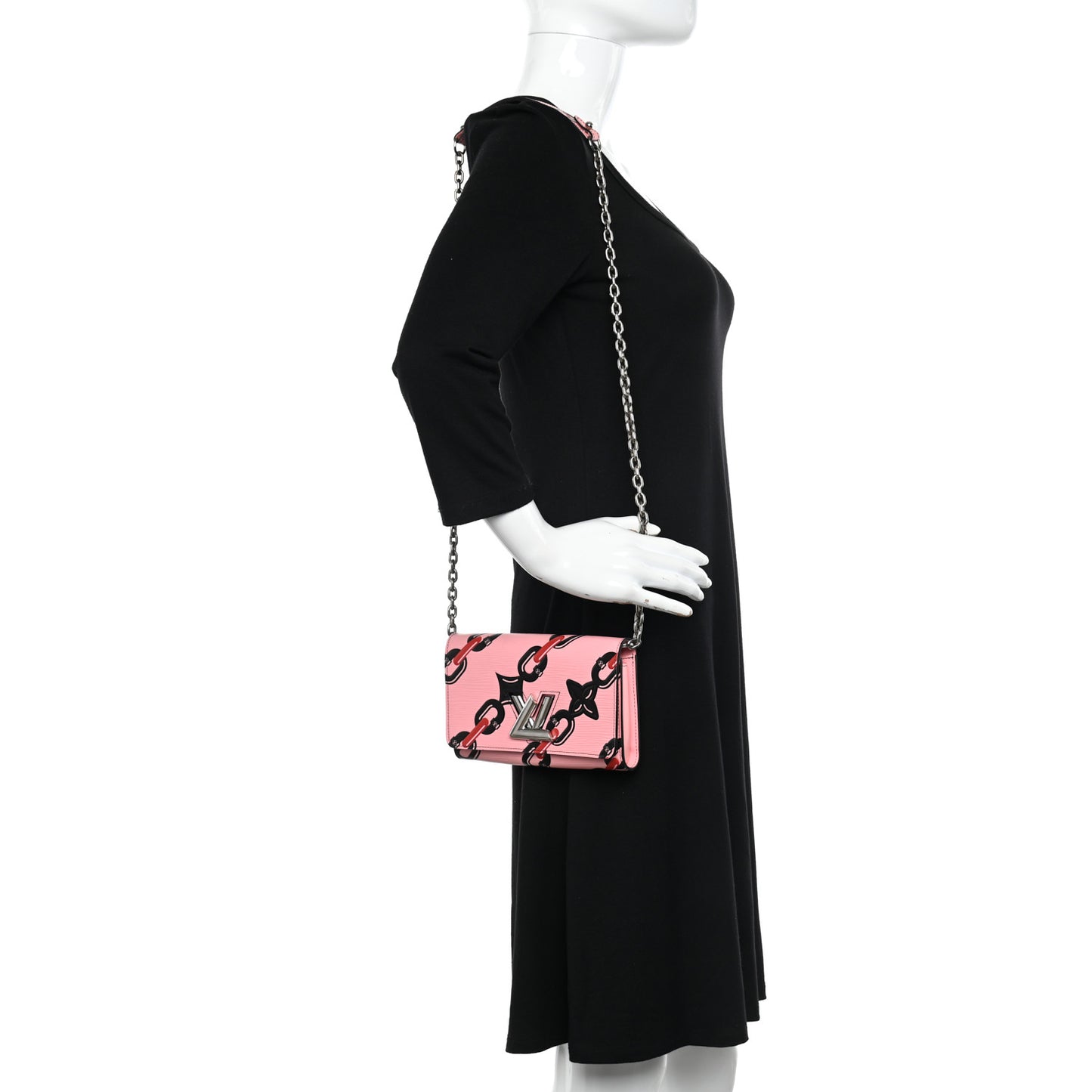 Epi Chain Flower Print Twist Chain Wallet Pink