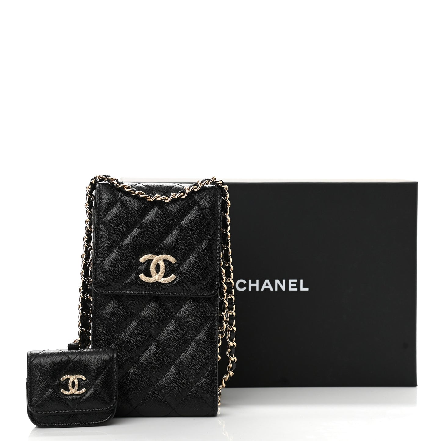 Caviar Quilted CC Airpods Pro and Phone Case With Chain Black