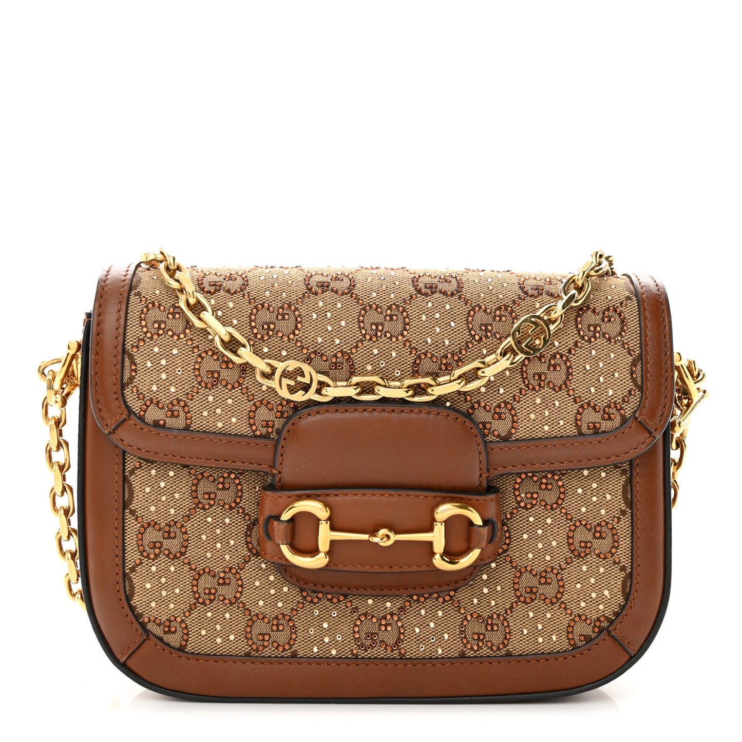 Canvas Calfskin Crystal GG Monogram Mini Horsebit 1955 Shoulder Bag Camel Ebony